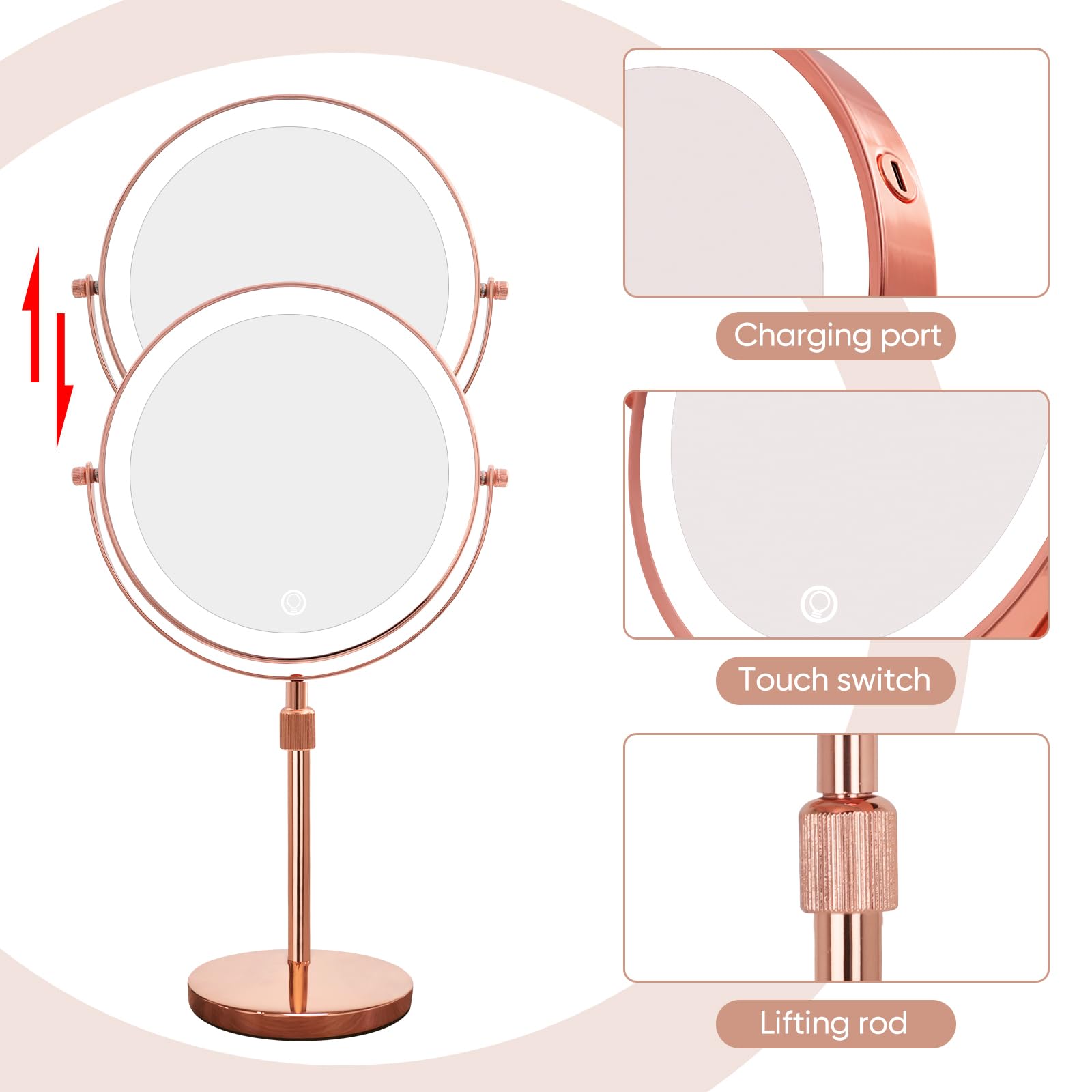 Nicesail Led Make Up Mirror With Lighting, Magnifying Mirror With 3 Color Dimmable Lights, Height Adjustable Stand Up 360Rotatio