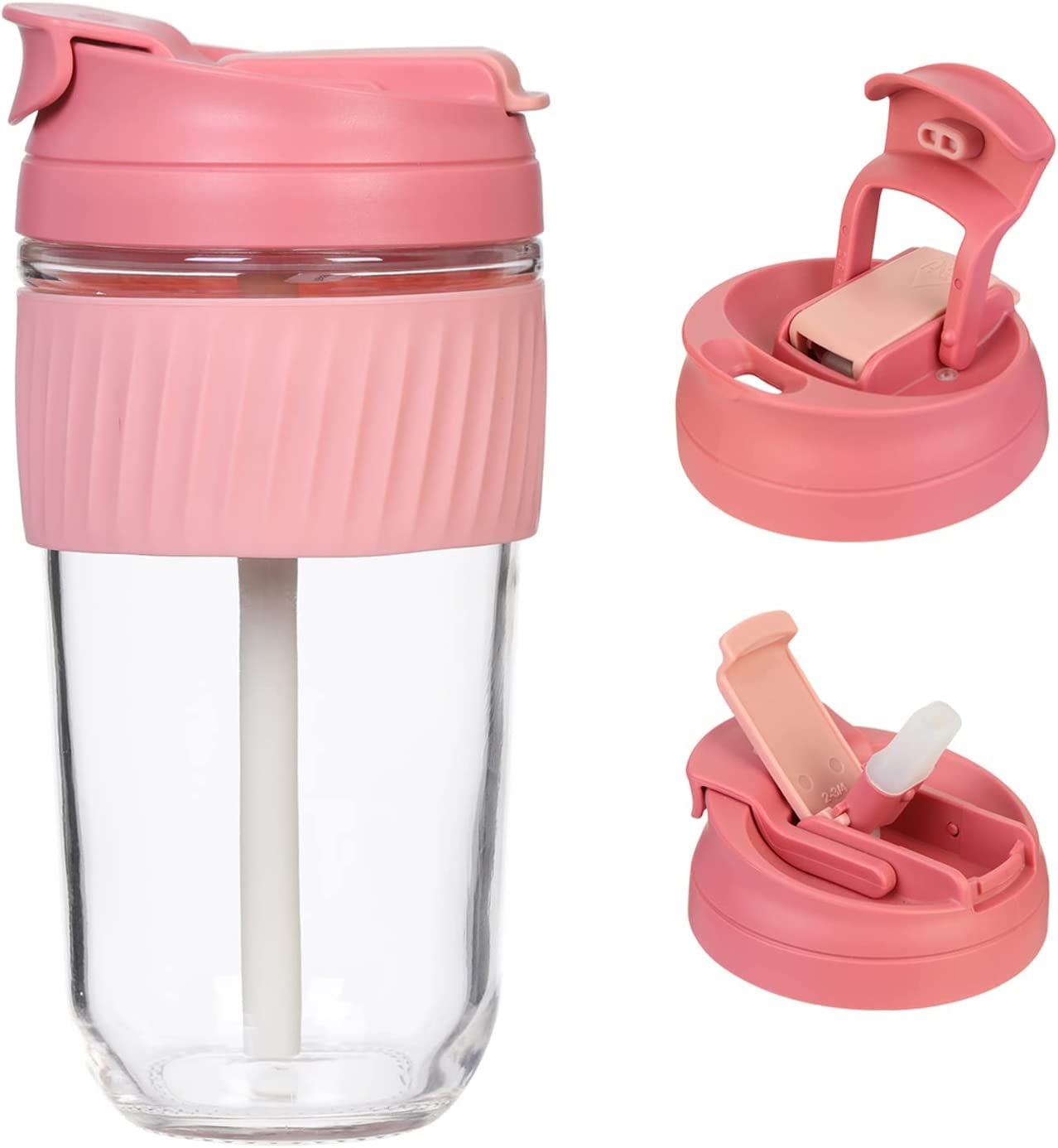 ASHASHA Reusable Glass Coffee & Juice Mug Shaker with Lid & Straw Pack of 1, Thick Glass Tumbler 500ml, AntiSlip Silicone Band,