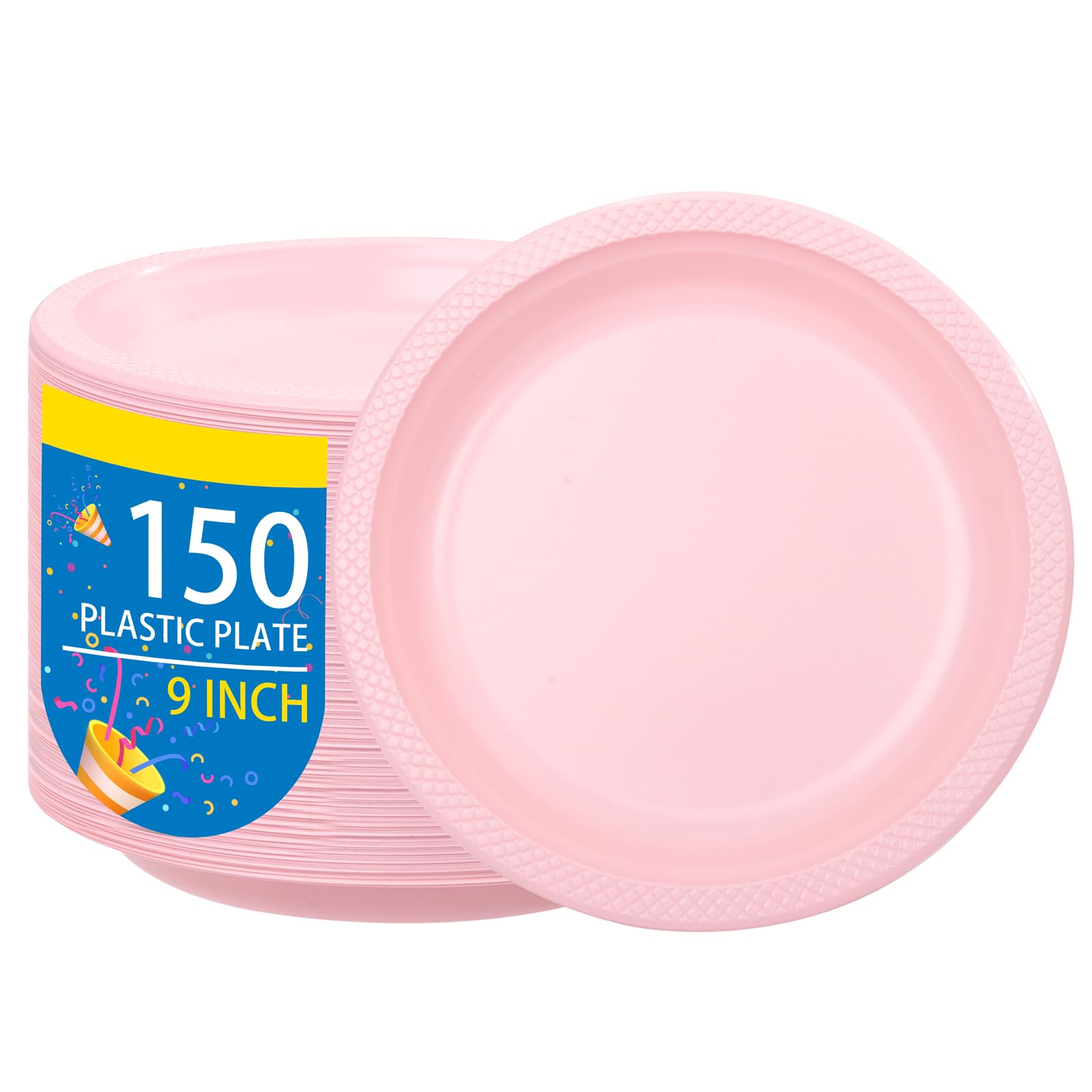 Wellife Pink Plastic Plates 9 Inch -150 Count For Party, Disposable Plastic Party Plates For Valentine'S Day Easter Baby Shower
