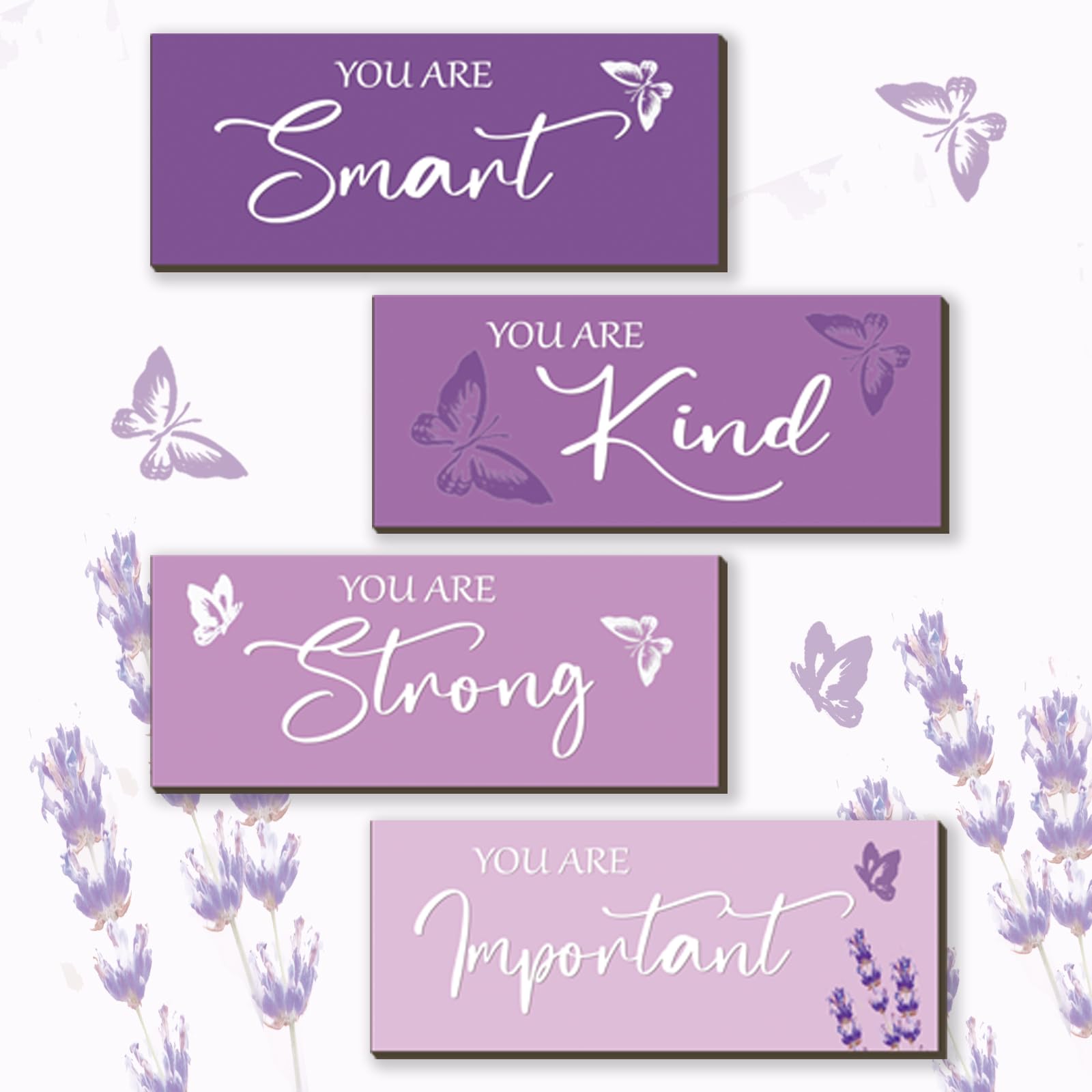 FENCORDAR 4 Pcs Butterfly Wall Decor Girls Room Decor Wooden Purple Wall Decor Positive Butterfly Wall Art Prints Inspirational 