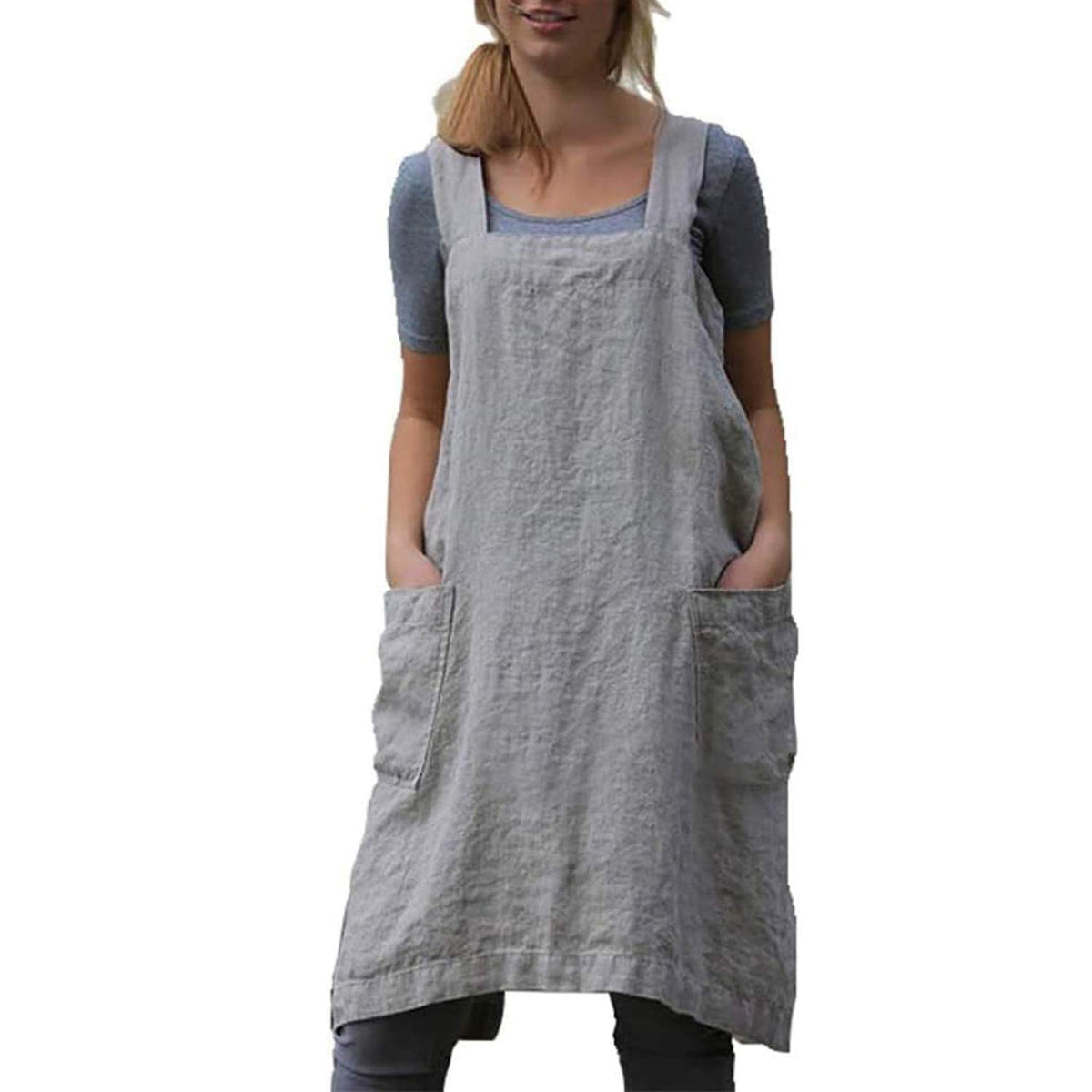 Yesdoo Linen Apron Cross Back Apron For Women With Pockets Pinafore Dress For Baking Cooking, Grey, Medium