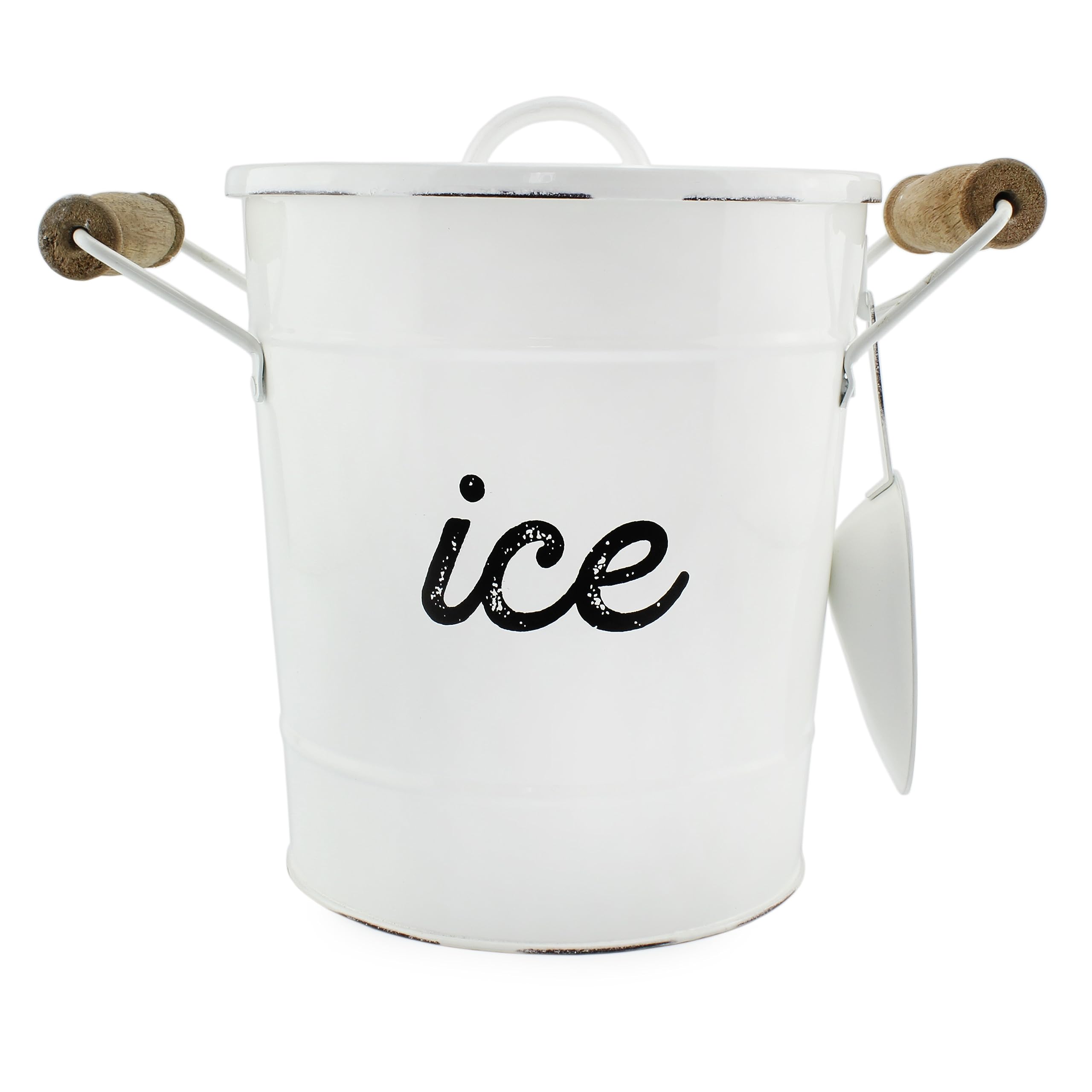 Auldhome Design Rustic Enamelware Ice Bucket; White Farmhouse Style Insulated Ice Server