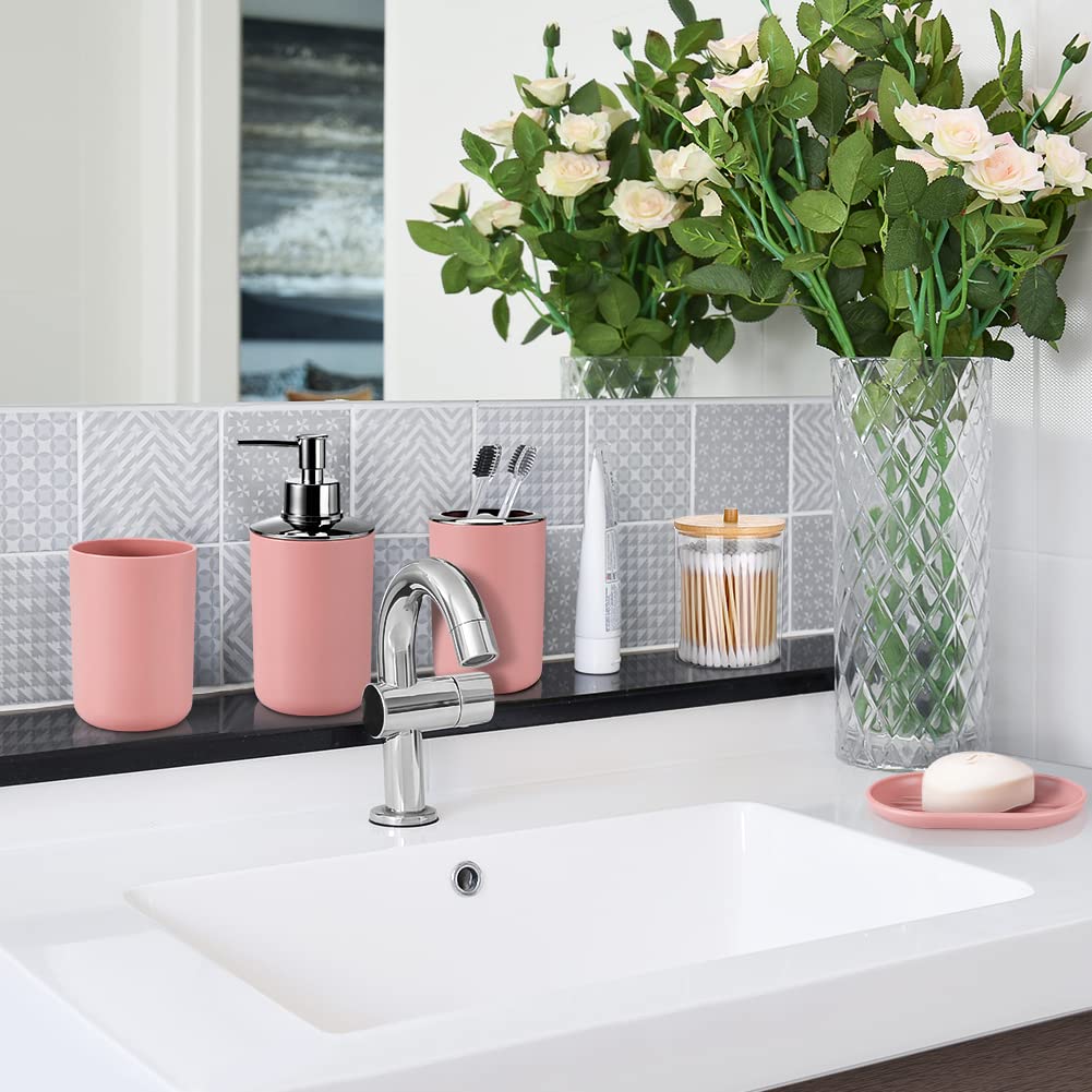 Otostar Plastic Bathroom Accessories Set Decor Countertop Gift Set Bathroom Accessory Set Includes Toothbrush Holder Soap Dispenser Tumbler Soap Dish Toilet Brush Holder Trash Can Qtip Holder (Pink)