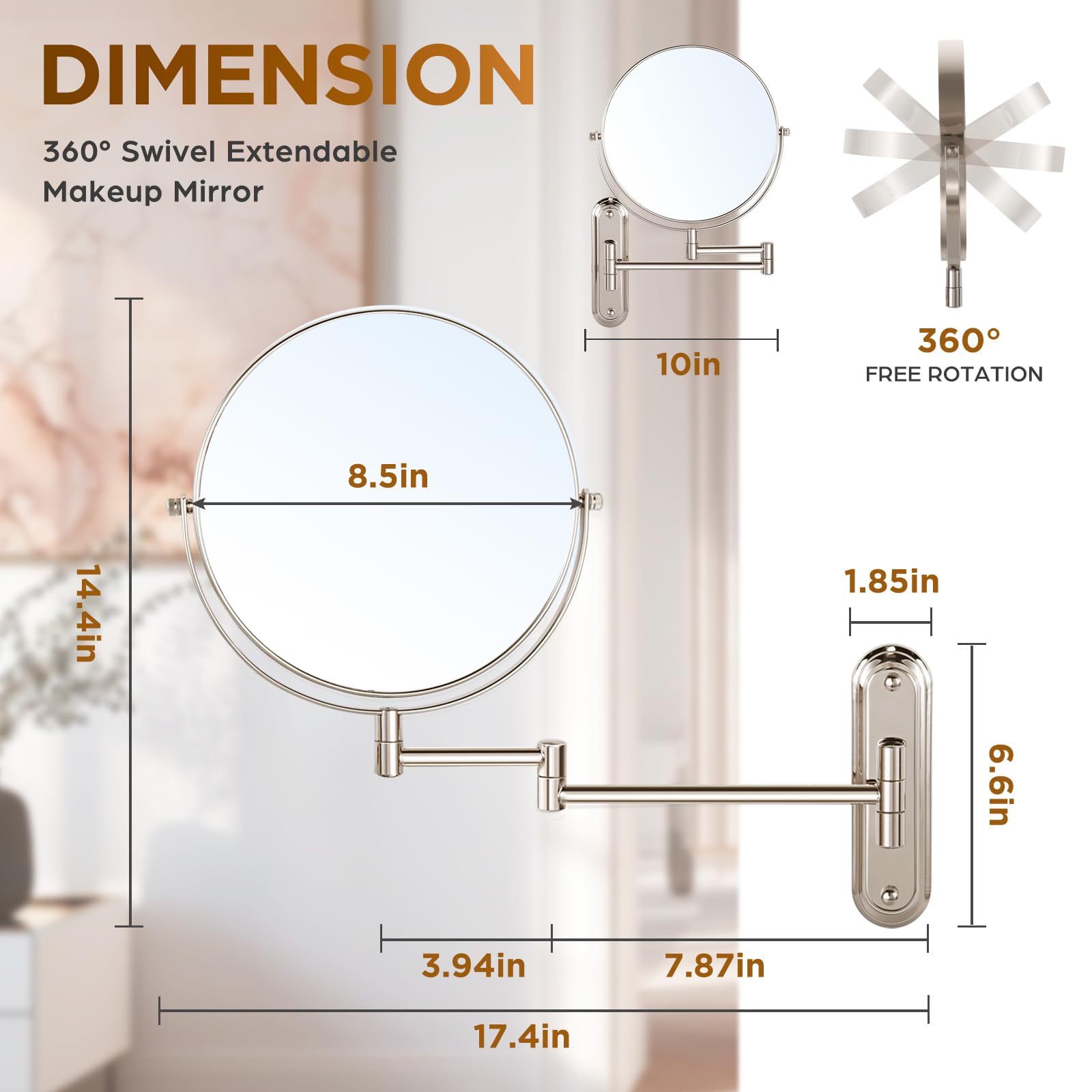 Wall Mounted Makeup Mirror - 1X/30X Magnifying Makeup Mirror with Extended Arm 360Swivel Vanity Mirror, 8.5in Double Sided Mirro