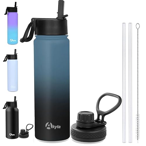 Akyta Sports Stainless Steel Water Bottle with Straw  Spout lid-24OZ -Wide Mouth Vacuum Insulated Thermos Water Bottles  Keep Water Cold/Hot  Metal Water Bottle for Biking Hiking (24 oz  Indigo black)