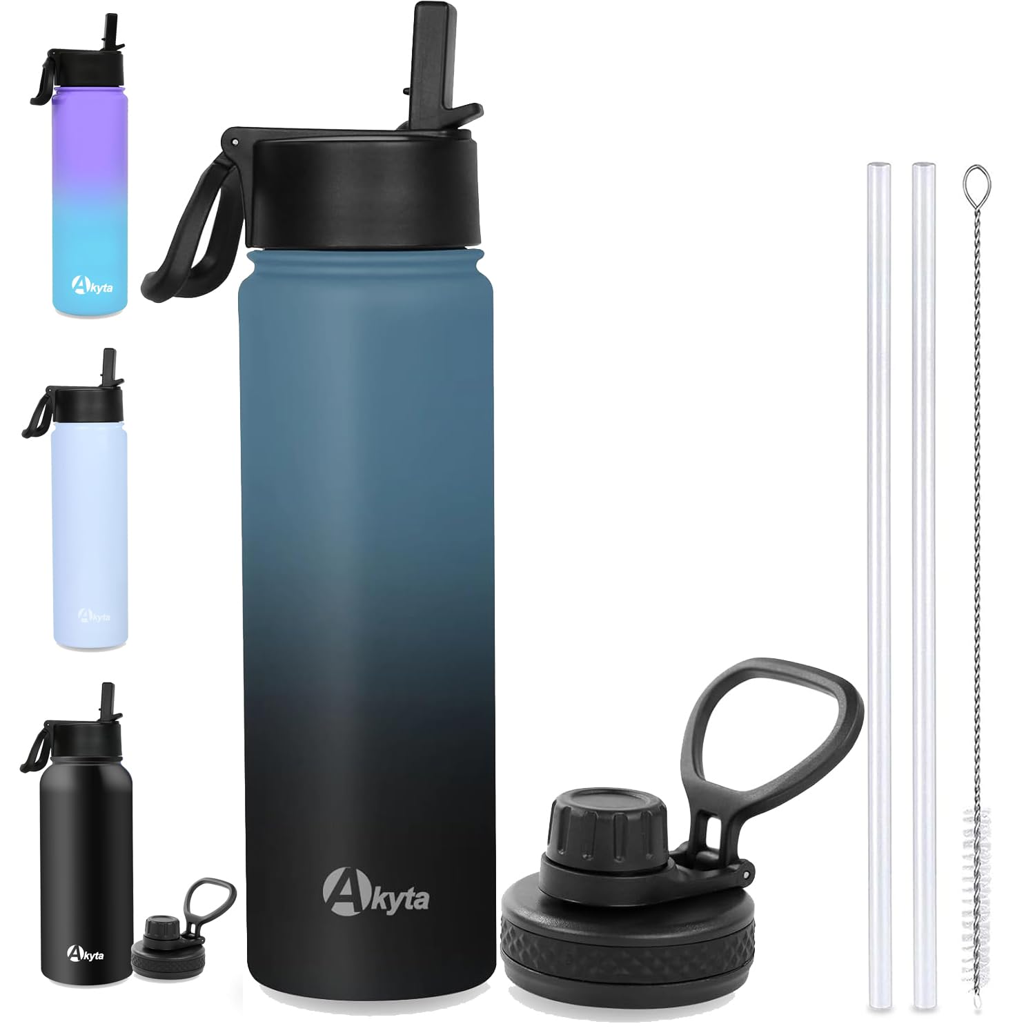 Akyta Sports Stainless Steel Water Bottle with Straw  Spout lid-24OZ -Wide Mouth Vacuum Insulated Thermos Water Bottles  Keep Water Cold/Hot  Metal Water Bottle for Biking Hiking (24 oz  Indigo black)