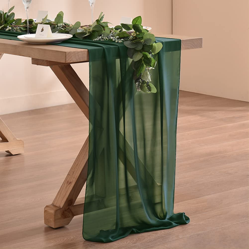Socomi 10Ft Emerald Green Chiffon Table Runner 29X120 Inches Wedding Runner Sheer Thanksgiving Christmas Bridal Shower Decoratio