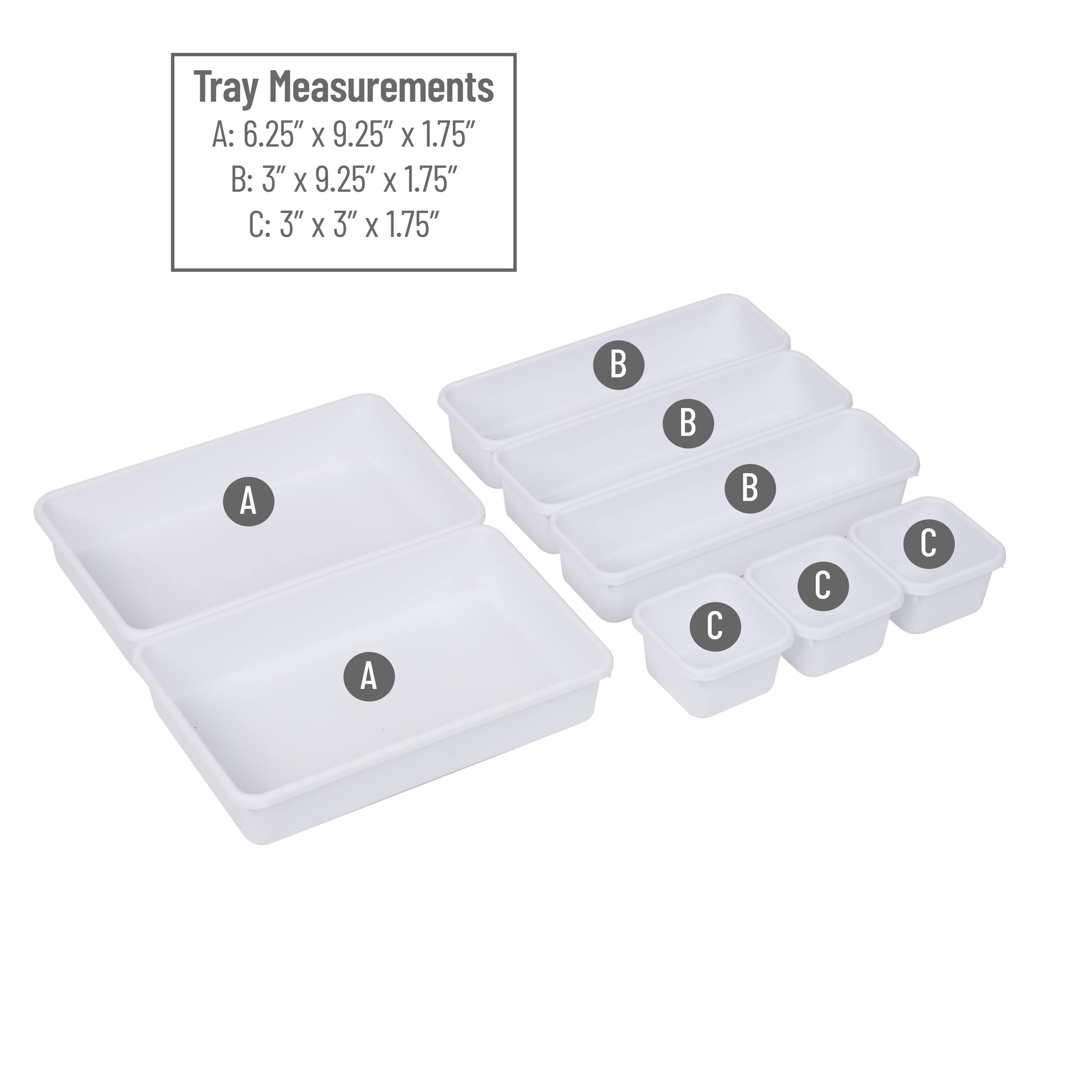 Mind Reader 8-Pc Drawer Organizer Interlocking, Storage, Kitchen, Office, 9.25'' L X 6.5'' W X 3.74'' H, White