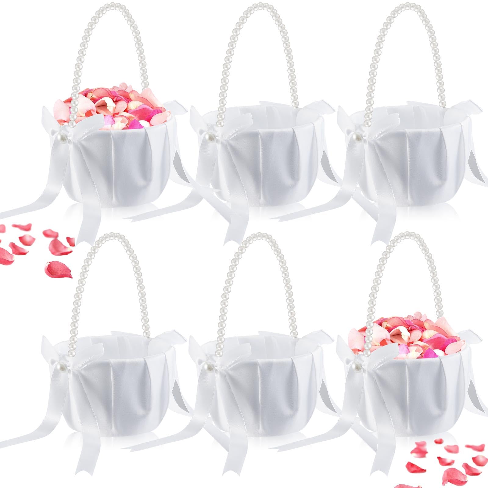 Geetery 6 Pcs Flower Girl Basket, Pearl Handle White Satin, Exquisite Style