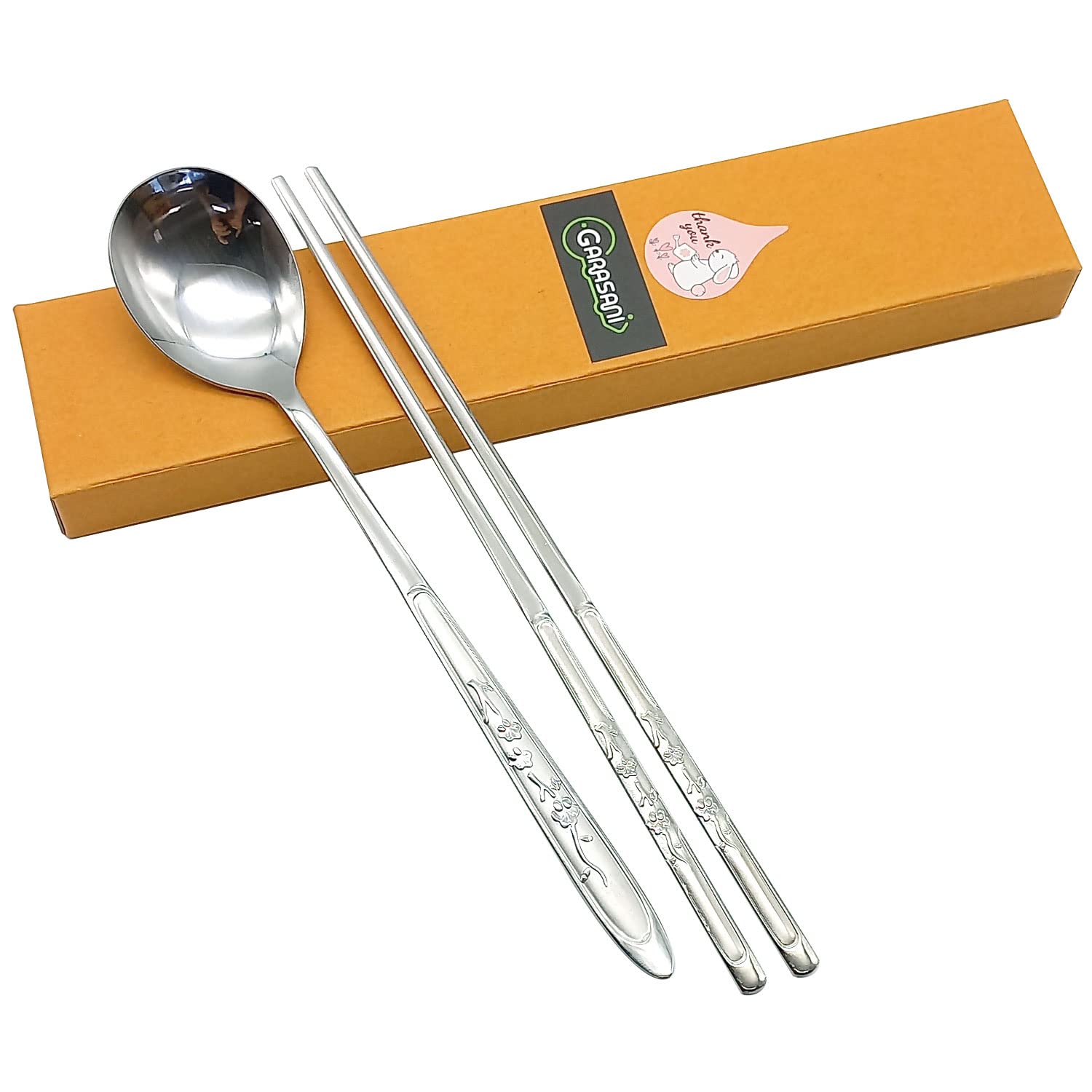 Garasani Korean Traditional Cutlery Stainless Steel Spoons And Chopsticks Set (Silver Plum Blossom)