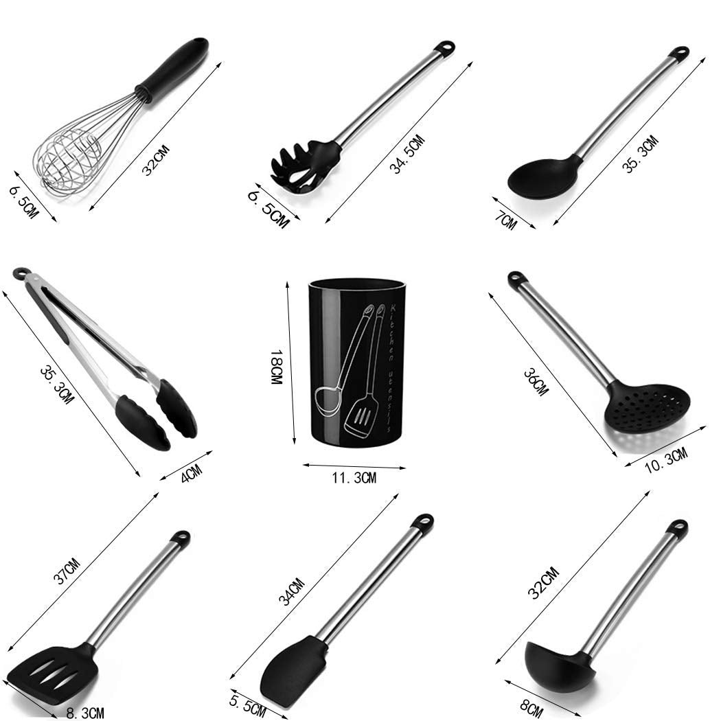 Hoshen 9-Piece Silicone Cookware Set Kitchen Utensils, Non-Stick Heat-Resistant Silicone, Stainless Steel Handle - Black