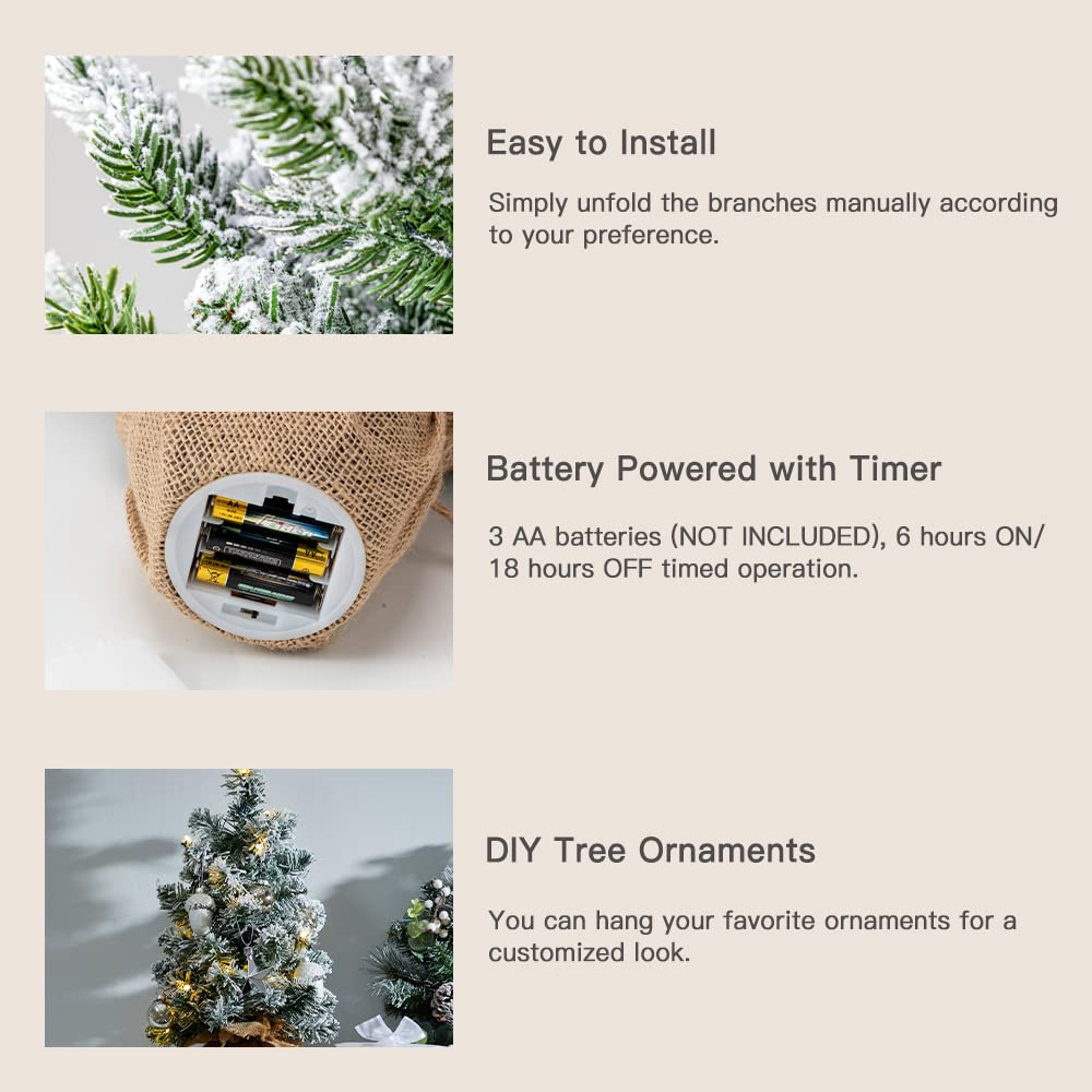 24 Inch 2 FT Pre-lit Snowy Mini Christmas Tree, DECSPAS Small Tabletop Flocked Christmas Tree with 20 LED Lights Red Berries Pin
