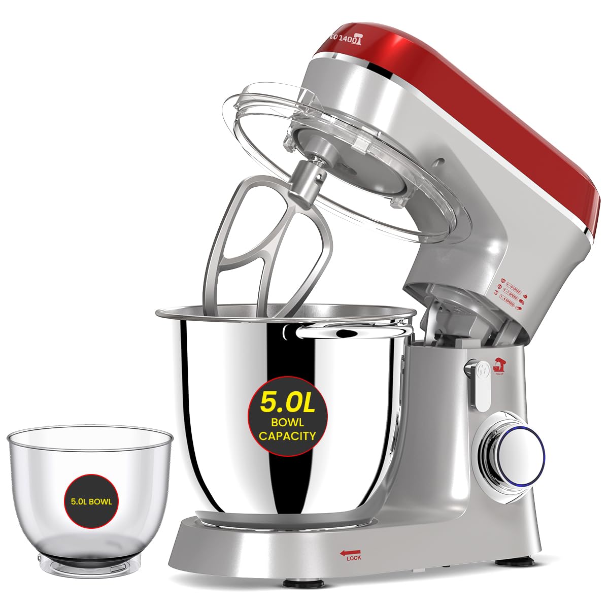 Inalsa Stand Mixer With Dust Proof Splash Guard|1400W Copper Motor|5L Stainless Steel&Free 5L Bowl|10-Speed Control With Pulse|F