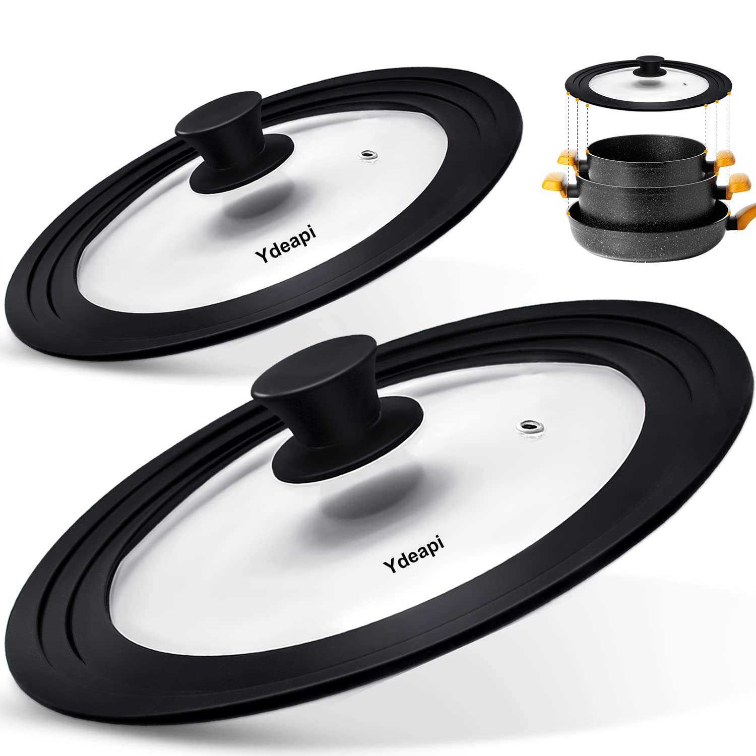 Ydeapi Universal Lids For Pots, Pans & Skillets - Fits 7'', 8'' & 9'' Diameter, 10'', 11'' & 12'' Diameter Cookware, Tempered Gl