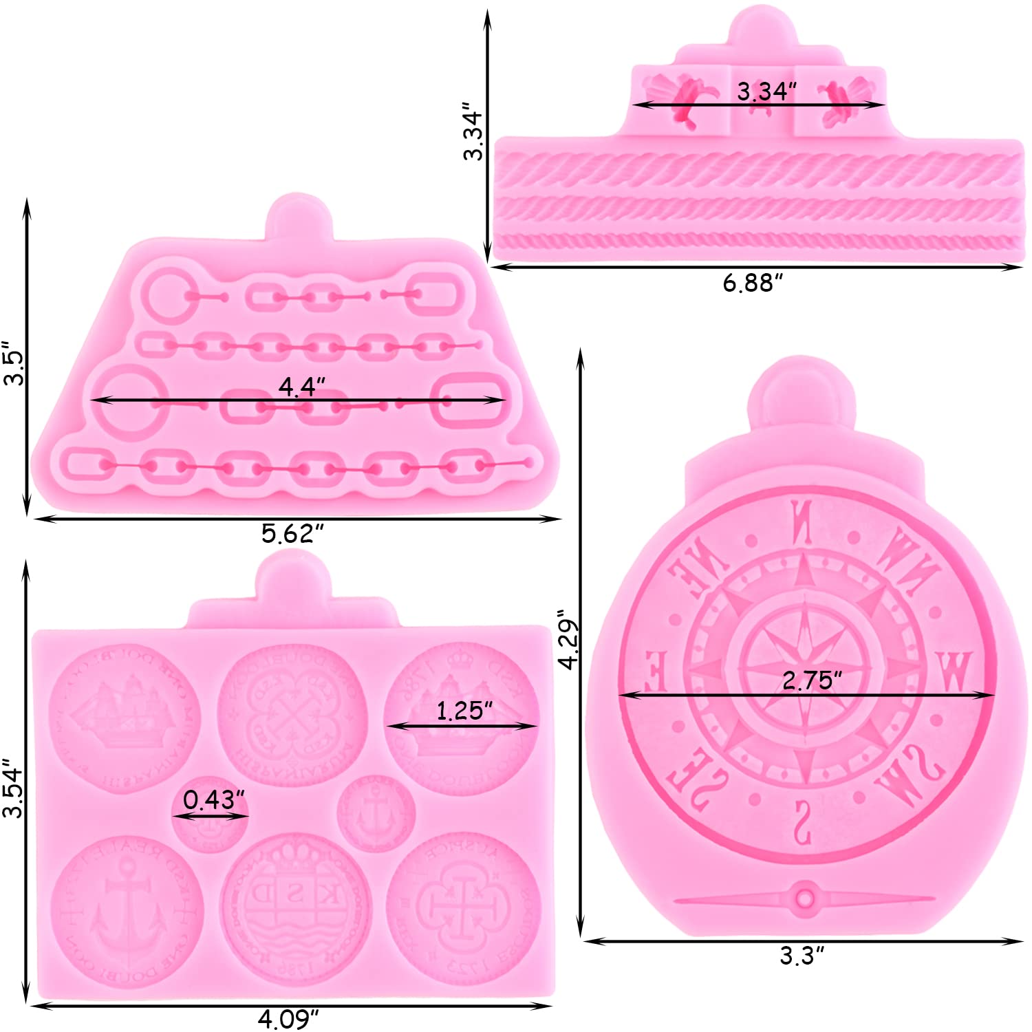 Zixiang Treasure Coins Silicone Mold Pirate Rope Fondant Mold Antique Compass Silicone Mold Chains Fondant Molds For Cake Decora