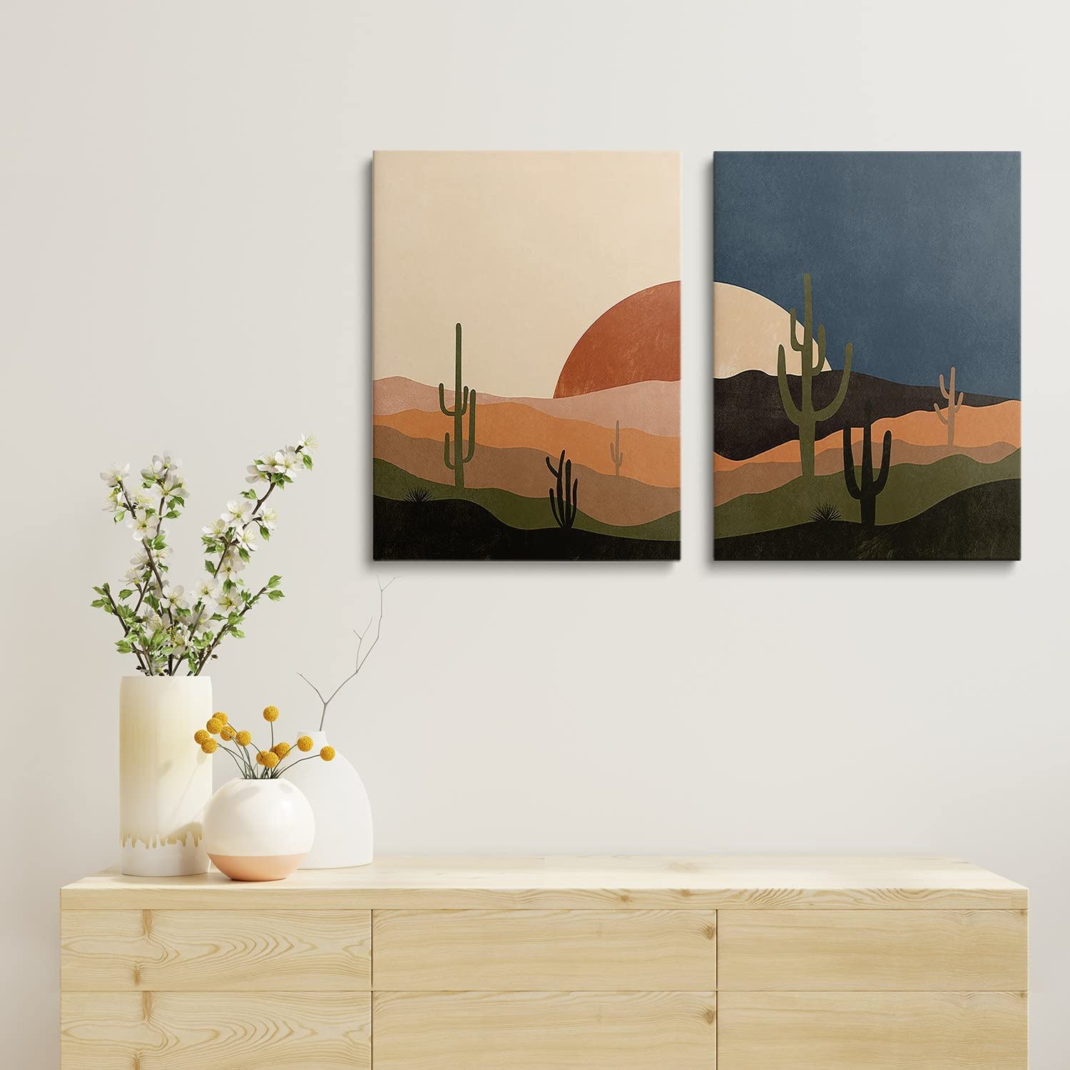Mid Century Desert Prints Boho Cactus Canvas Prints Sun And Moon Day And Night Canvas Wall Art Modern Abstract Landscape Art For