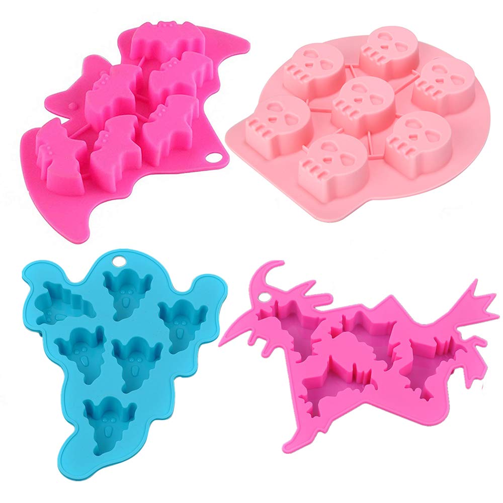 4Pcs/Set Halloween Chocolate Molds, Bat Skull Ghost Witch Silicone Mold For Candy Cake Baking Making Mini Soap Halloween Party F