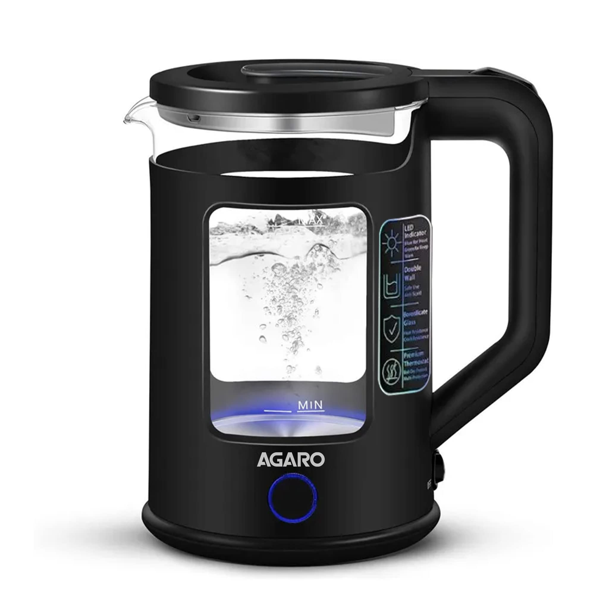 AGARO Galaxy Electric Kettle with Keep Warm Function, BPA Free PP Plastic & Glass body, Double Wall Design, Bicolor LED, 1.5L, H