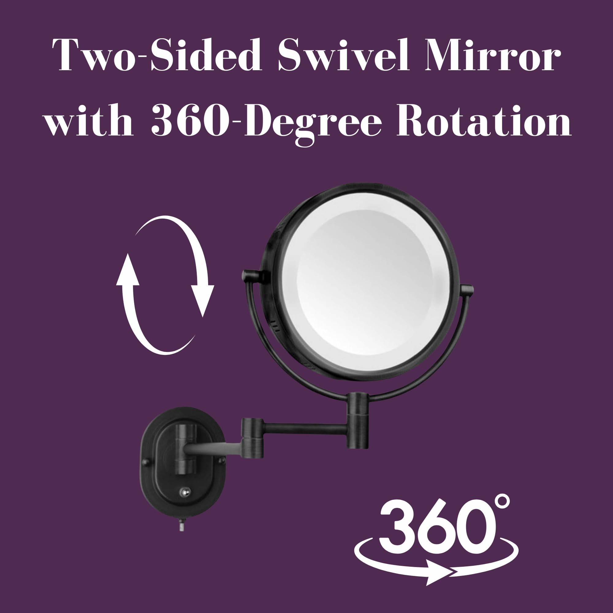 JERDON Wall-Mounted Makeup Mirror with 5X Magnification - Black Makeup Mirror with LED Lights - Plug in - Model HL65BK