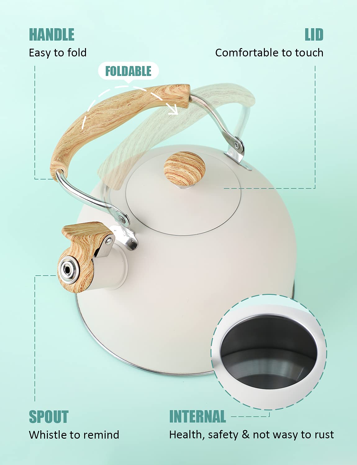 Tea Kettle, Belanko 85 Oz / 2.5 Liter Whistling Tea Kettle Pots For Stove Top Food Grade Stainless Steel With Wood Pattern Foldi