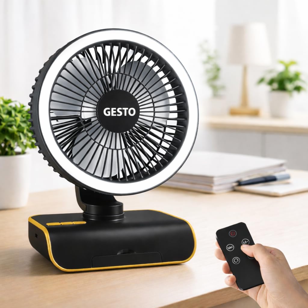 Gesto 8 Inch High Speed Rechargeable Table Fan With Remote Control | 4000Mah Battery | Automatic Oscillation | 5 Speed Modes | L