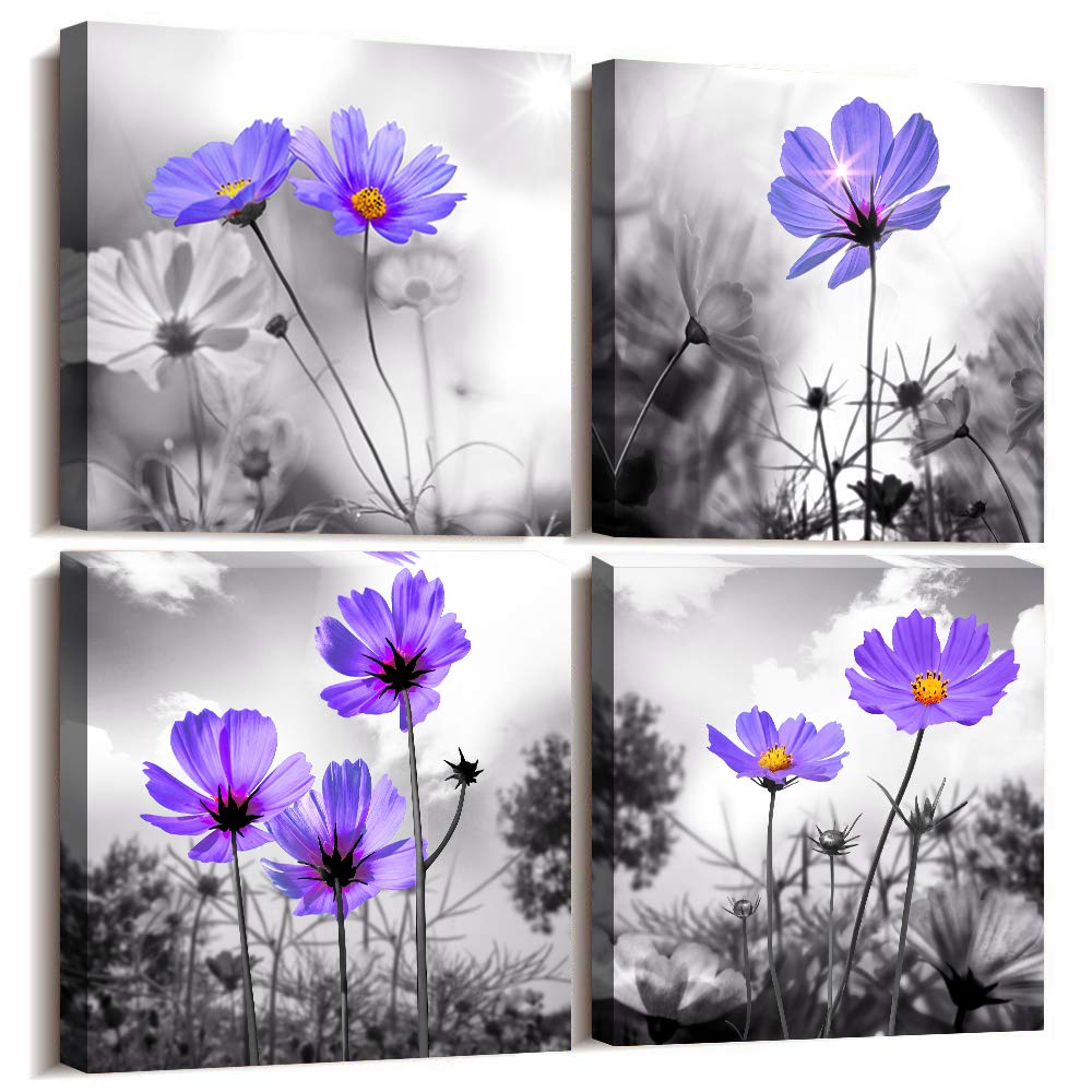 Canvas Wall Art For Bedroom Black And White Landscape Purple Flowers Bathroom Wall Decor For Kitchen Artwork 12'' X 12'' 4 Piece