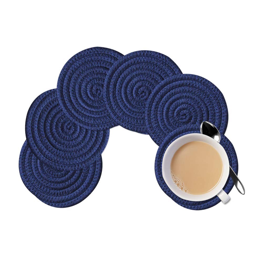 Gracelife 6Pcs Cup Mat Pure Cotton Thread Weave Round Drink Hot Pads Mats Set Absorbent Scald-Proof Drink Coasters (Royal Blue)