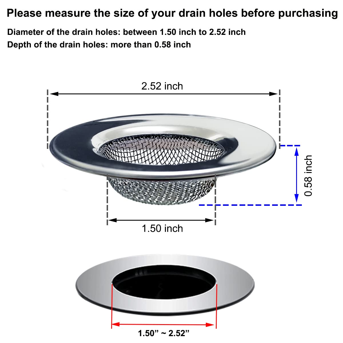 Seatery 1.50'' Bathtub Strainers  Bathroom Sink Strainers  Shower Drain Hair Catcher  Drain Strainer for Laundry  Mop Pool  Utility  Slop  RV Sink  Stainless Steel  Pack-2