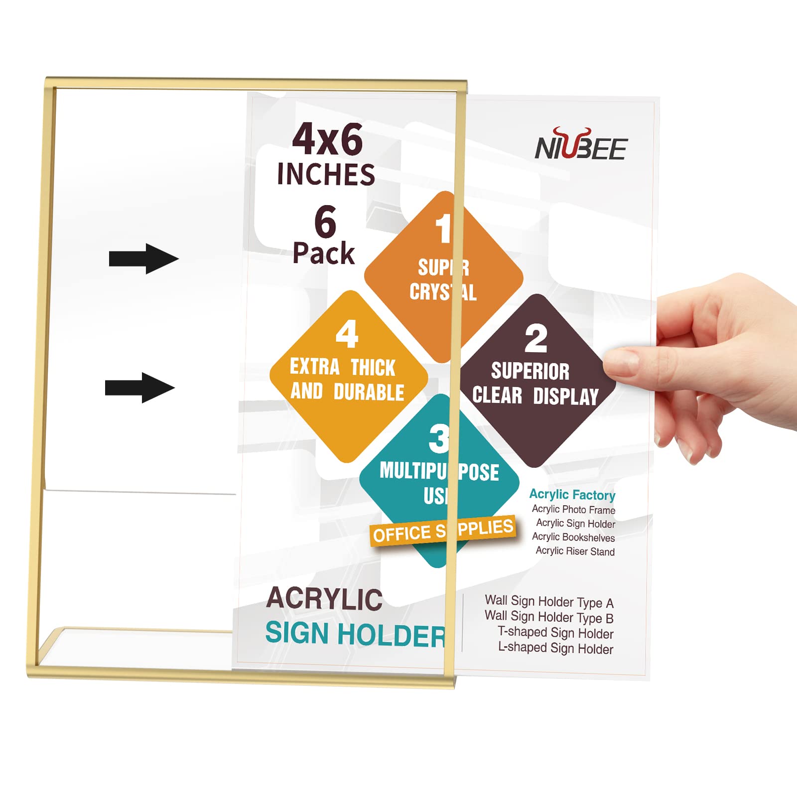 NIUBEE 6 Pack 4 x 6 Acrylic Gold Frame  Slanted Back Table Sign Holder for Wedding Table Numbers  Restaurant Signs  Photos and Art Display new