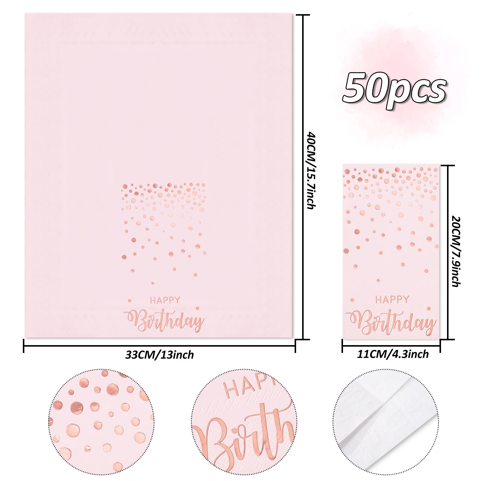 Jarthenaamcs 50Pcs Valentine'S Day Pink Happy Birthday Guest Napkins Rose Gold Foil Dots Birthday Disposable Paper Napkins Dinne