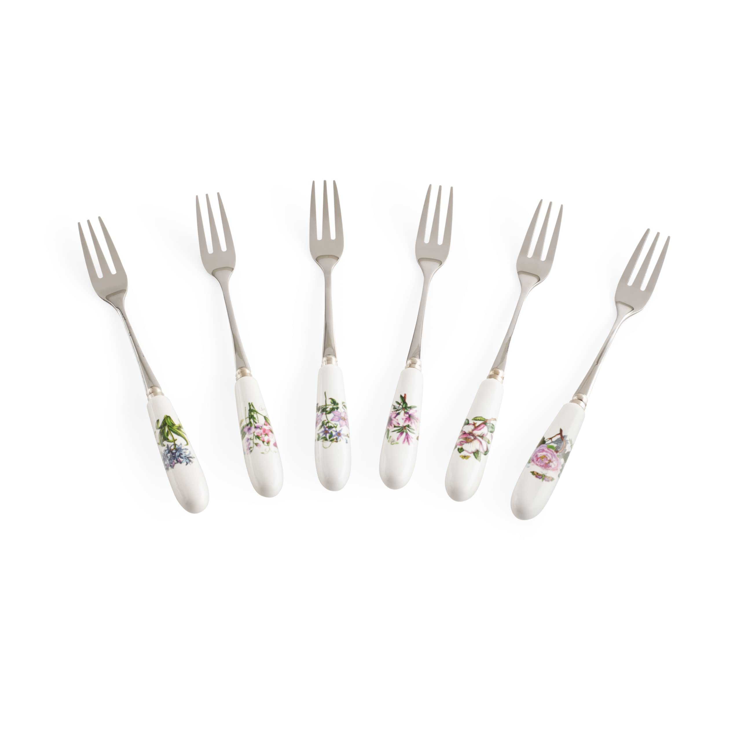 Portmeirion Botanic Garden 6'' Pastry Forks - Set Of 6 | Assorted Floral Motifs | Stainless Steel And Porcelain | Chip-Resistant