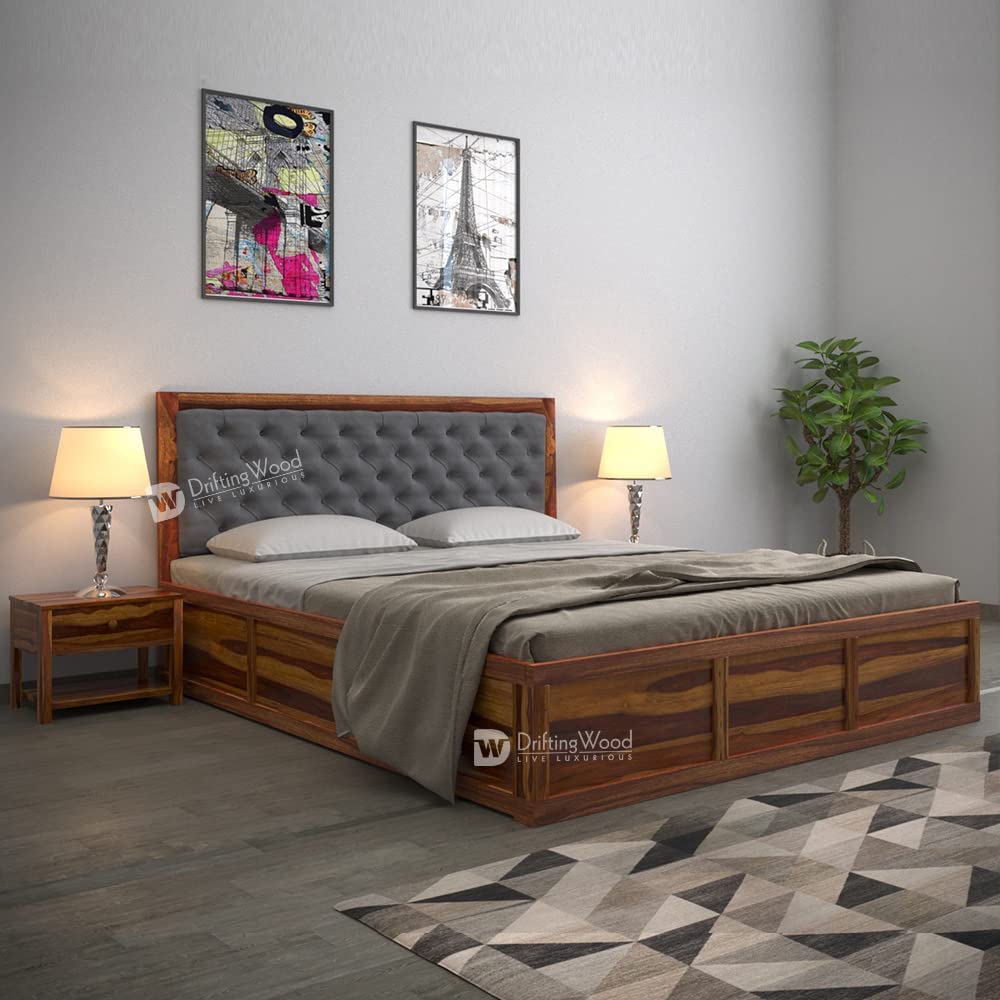 Driftingwood Dolvi Solid Sheesham Wood King Size Bed With Storage | Wooden Double Bed Cot Bed With Box Storage & Grey Upholstere