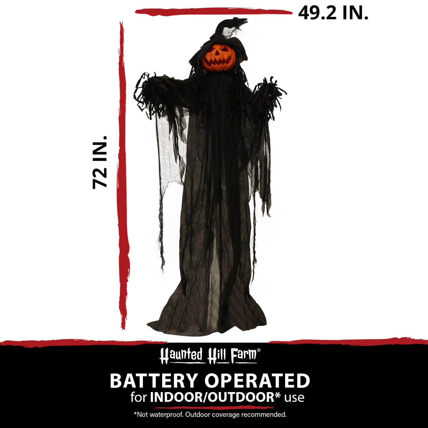 Haunted Hill Farm Life-Size Scary Poseable Pumpkin Witch, Halloween Prop with Touch Activated Lights and Sound, Battery Operated