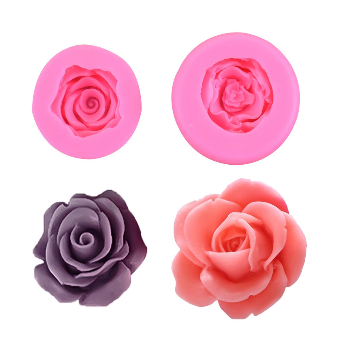 Obtanim 2 Pcs Bloom 3D Rose Flower Fondant Silicone Molds For Chocolate Cake Soap Candy Pastry Candle Dessert (2 Size)