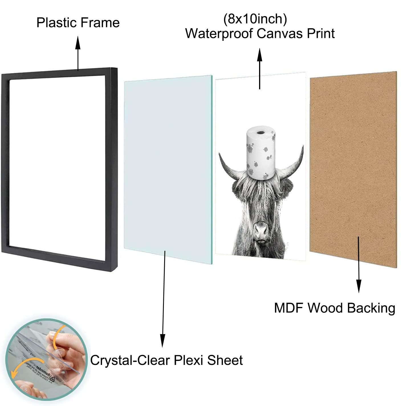 Black And White Highland Cow Wall Art, Framed Funny Bathroom Wall Decor, Cute Highland Cow Canvas Print, Funny Kid'S Room Decor