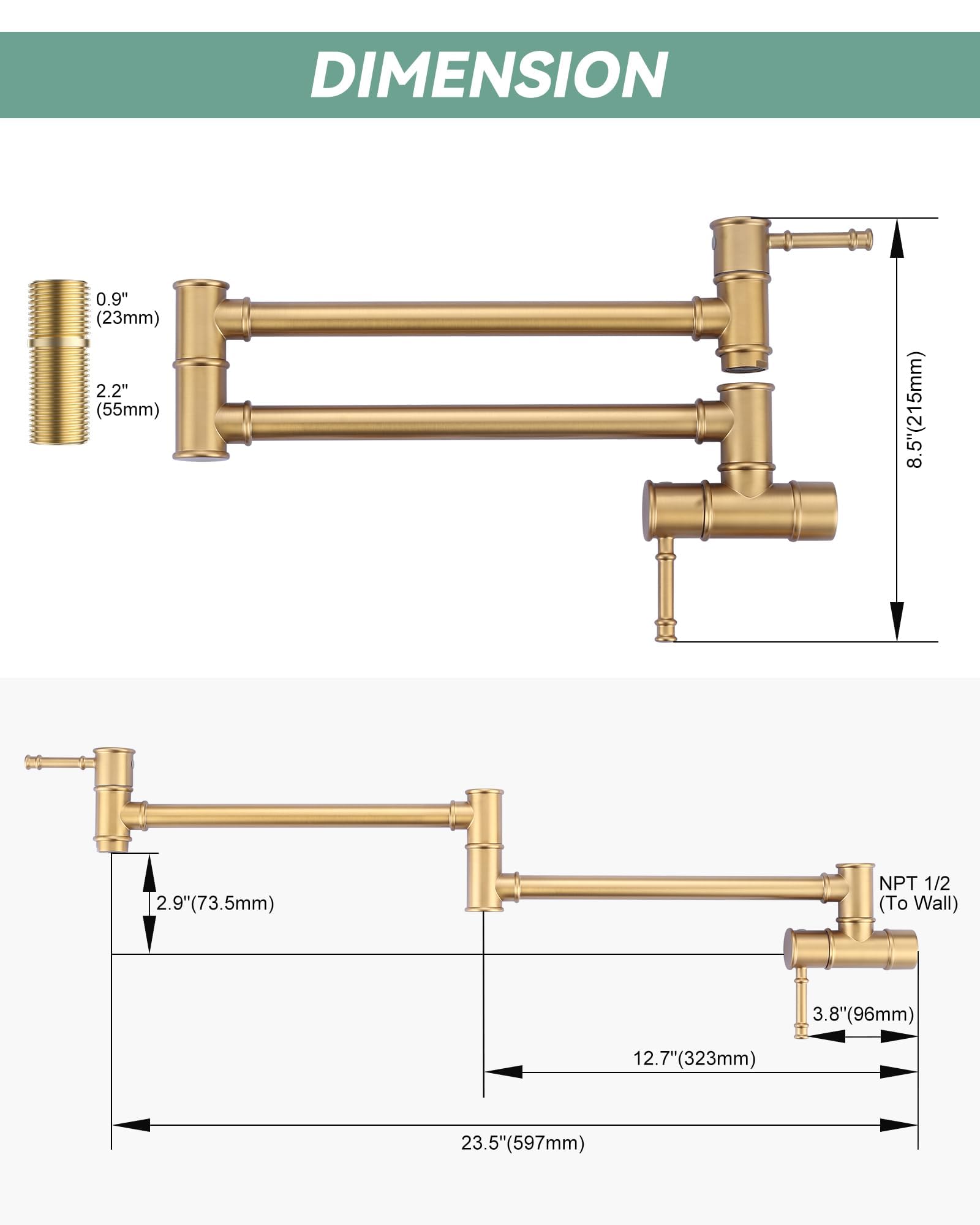 Aleasha Pot Filler Faucet Brushed Gold, Folding Kitchen Pot Filler Faucet Single Hole 2 Handle Wall Mount Kitchen Pot Filler Ove