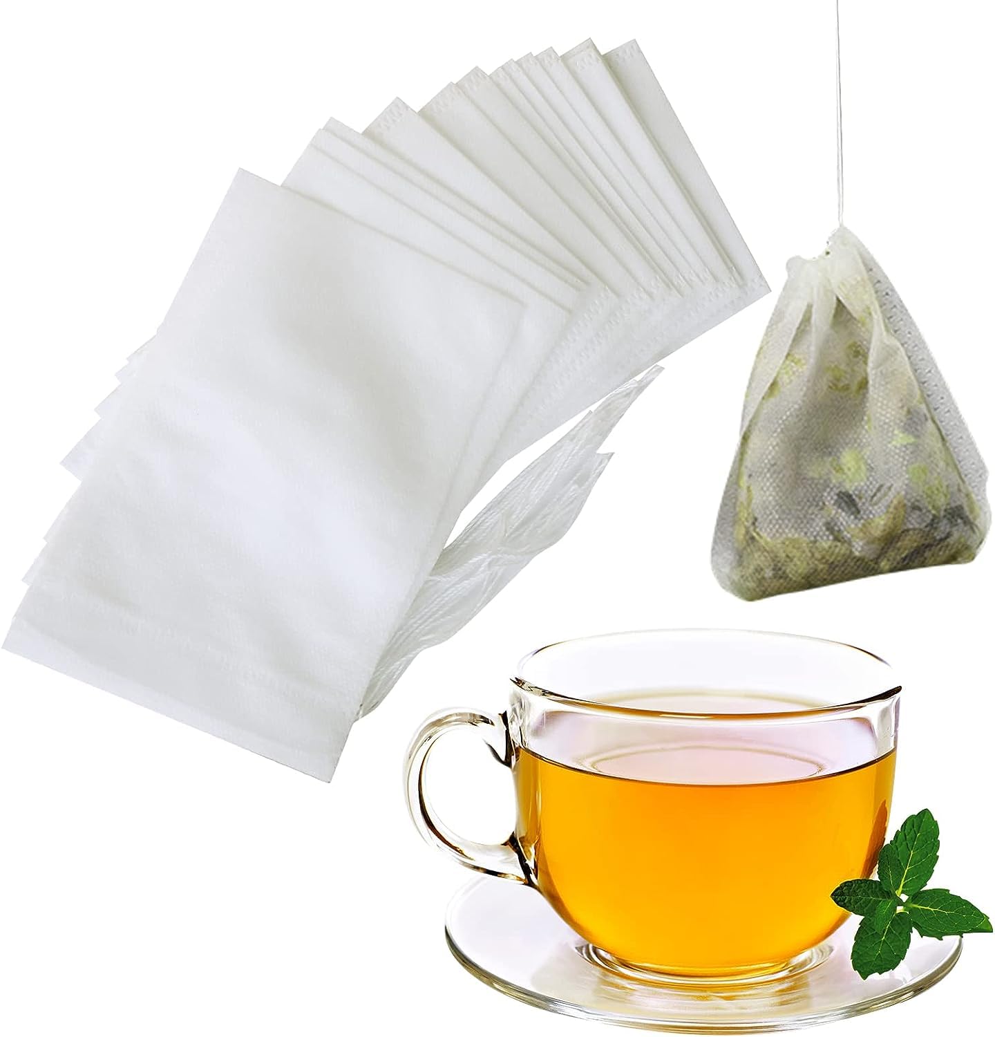 Baerfit Empty White Filter Loose Leaf Tea Bags, NonWoven Fabric Drawstring Bags, Transparent White Disposable Tea Filter Bags, 