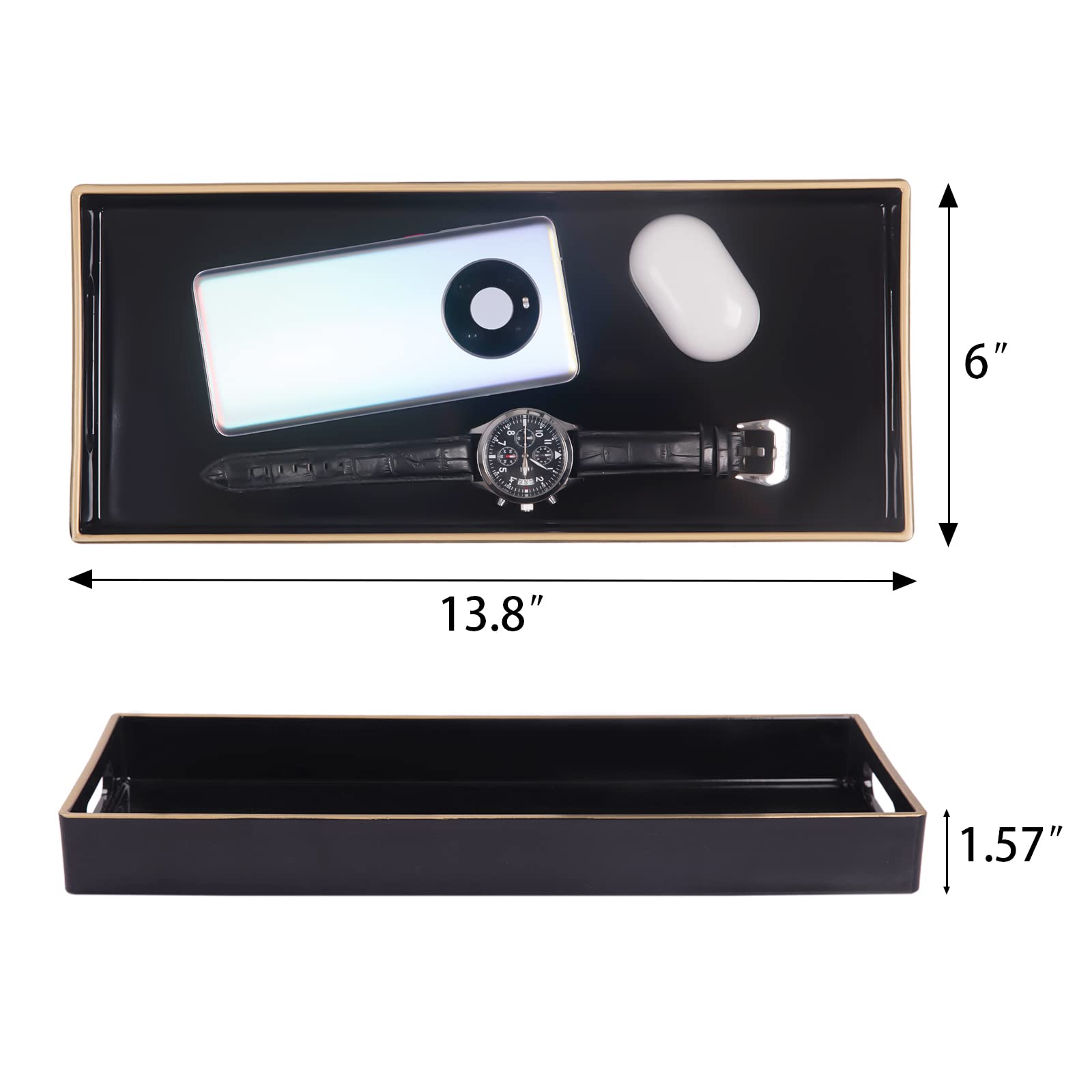 Maoname Black Bathroom Tray, Plastic Vanity Tray, Countertop Tray, Gold Edged Decorative Tray With Handles, Perfume Organizer Fo