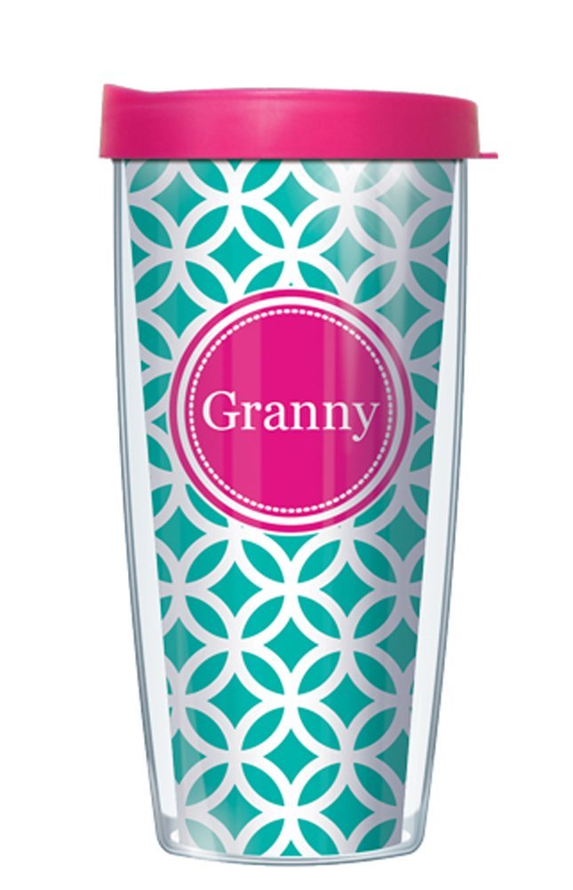 Signature Tumblers Pink Granny Insignia Wrap On Teal And White Roundabout 16 Ounce Double-Walled Travel Tumbler Mug With Hot Pin