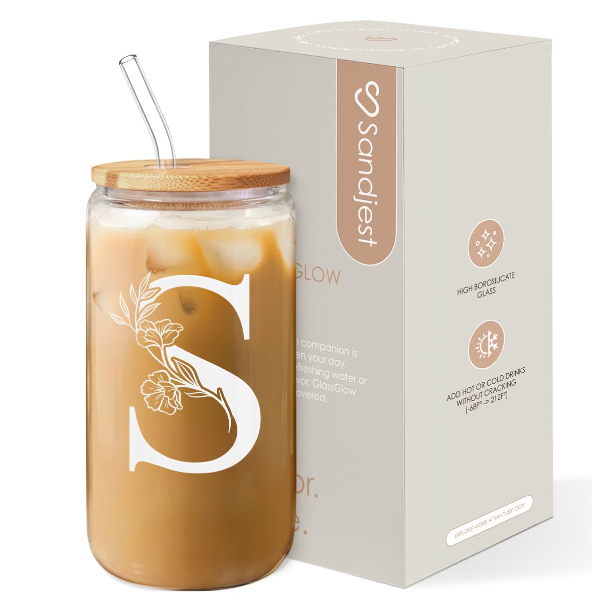 Monogrammed Gifts for Women - Monogram S Initial Glass Cup 16 Oz Can Coffee Cups with Lid and Straw - Monogram Initials Gifts fo