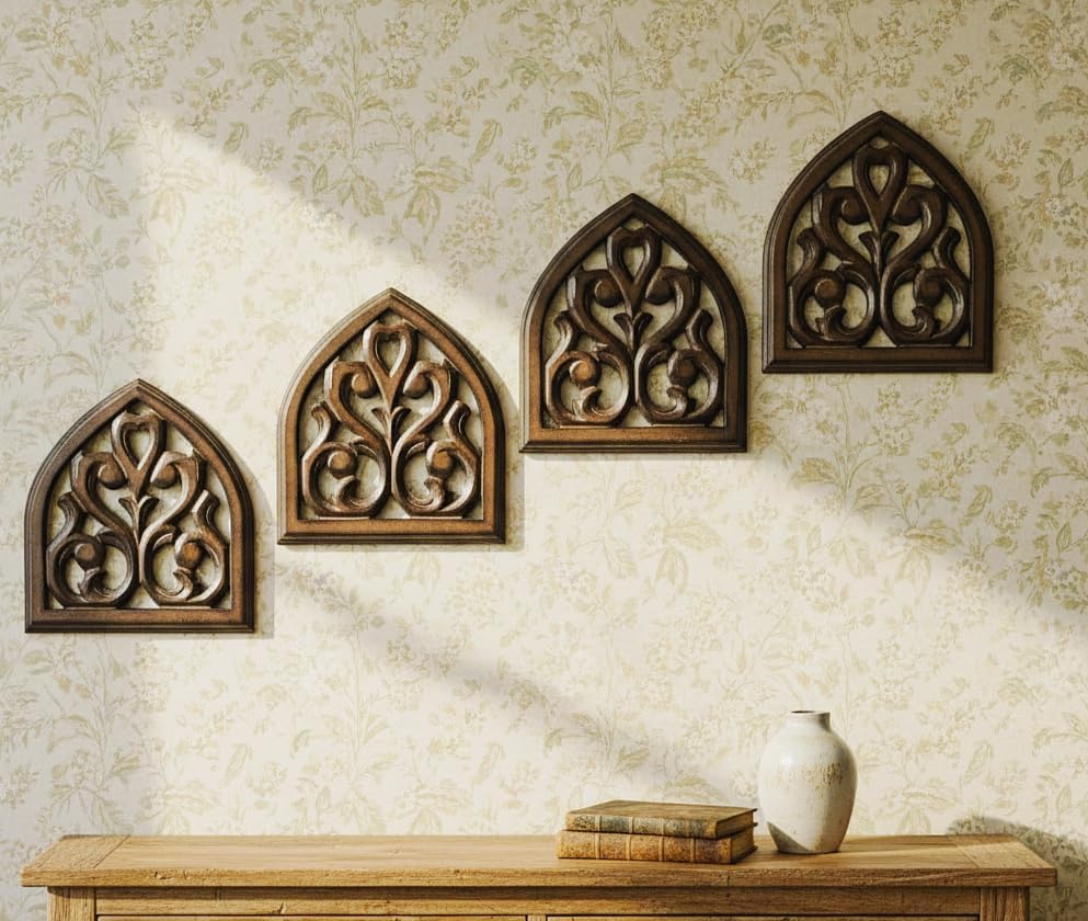 De Kraftsman Wall Panel, Wall Art Royale Palace Mehraab Window Style, Handcarved Panels Set Of 4 Wall Decor For Living Room, Bed