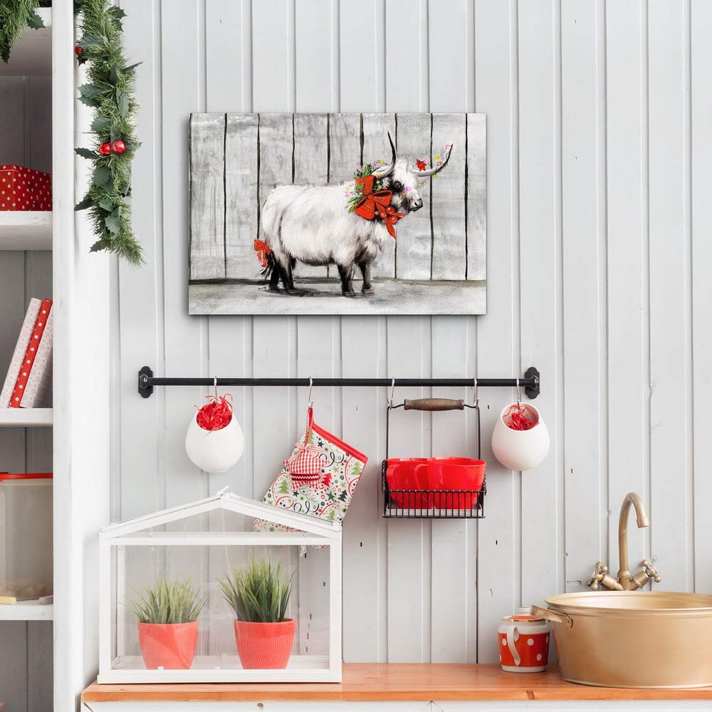 Renditions Gallery Canvas Nature Wall Art Paintings & Prints Artwork Winter Red Bow Cattle Glam Modern Festival Wall Hanging Dec