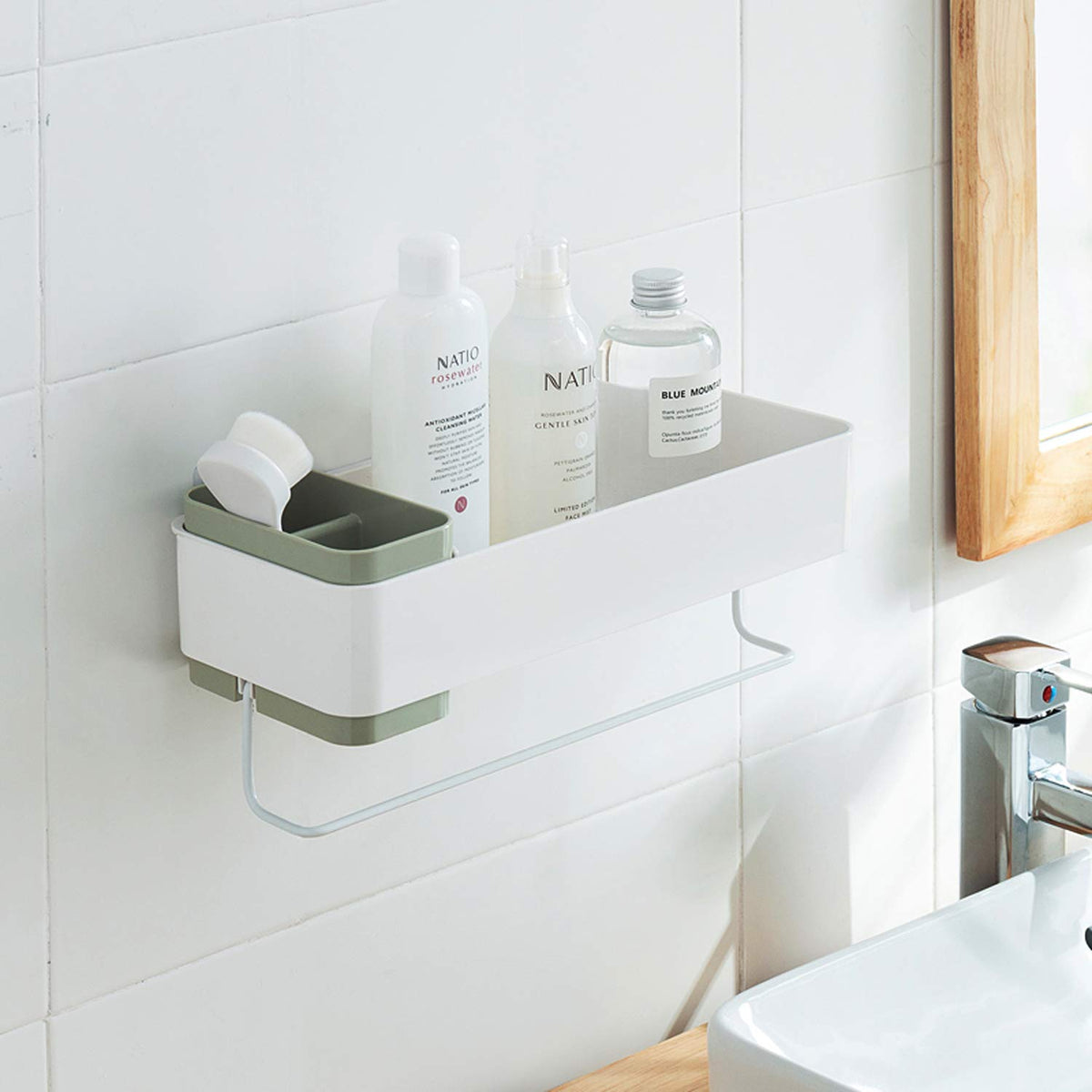 Mornite Bathroom Wall Organizer Shelf Storage Adhesive, Small Apartment Restroom Essentials Shower Caddy Suction Green