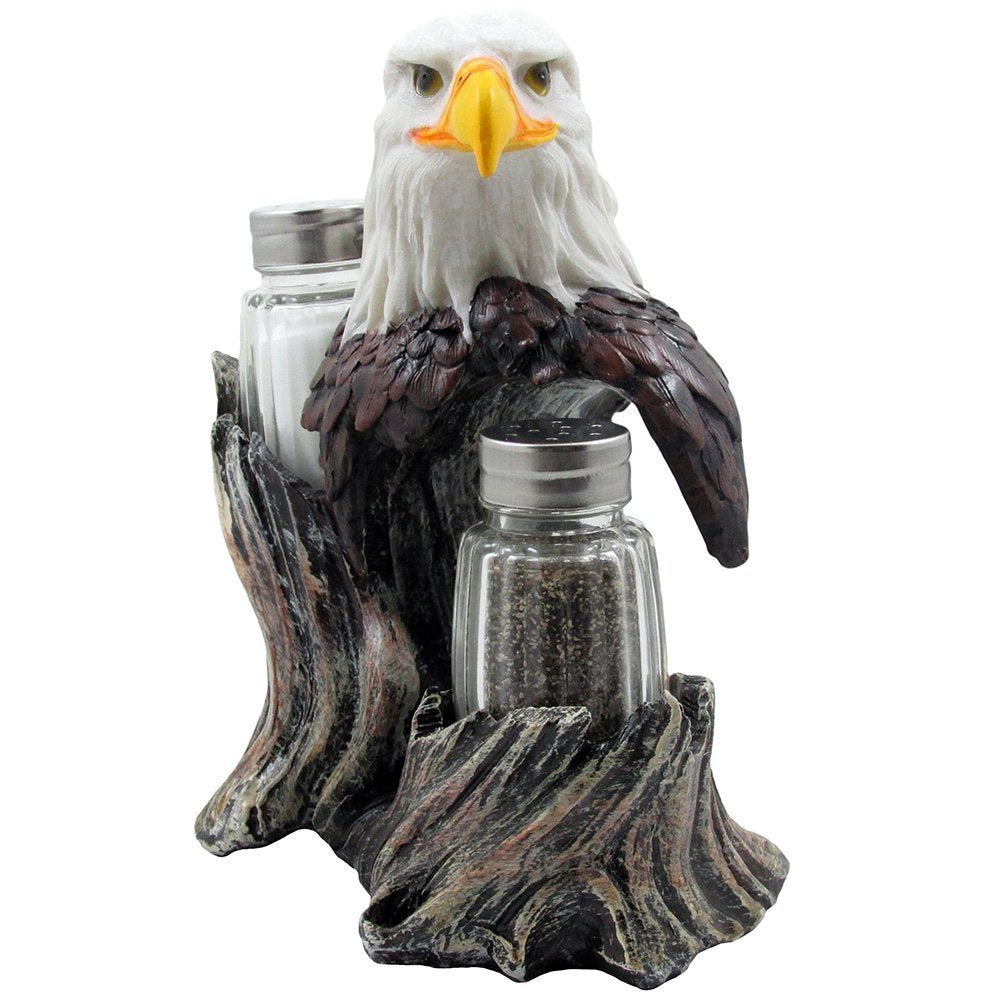 Bald Eagle Glass Salt & Pepper Shakers With Decorative Figurine Display Stand Set For American Patriotic Bar And Kitchen Decor S