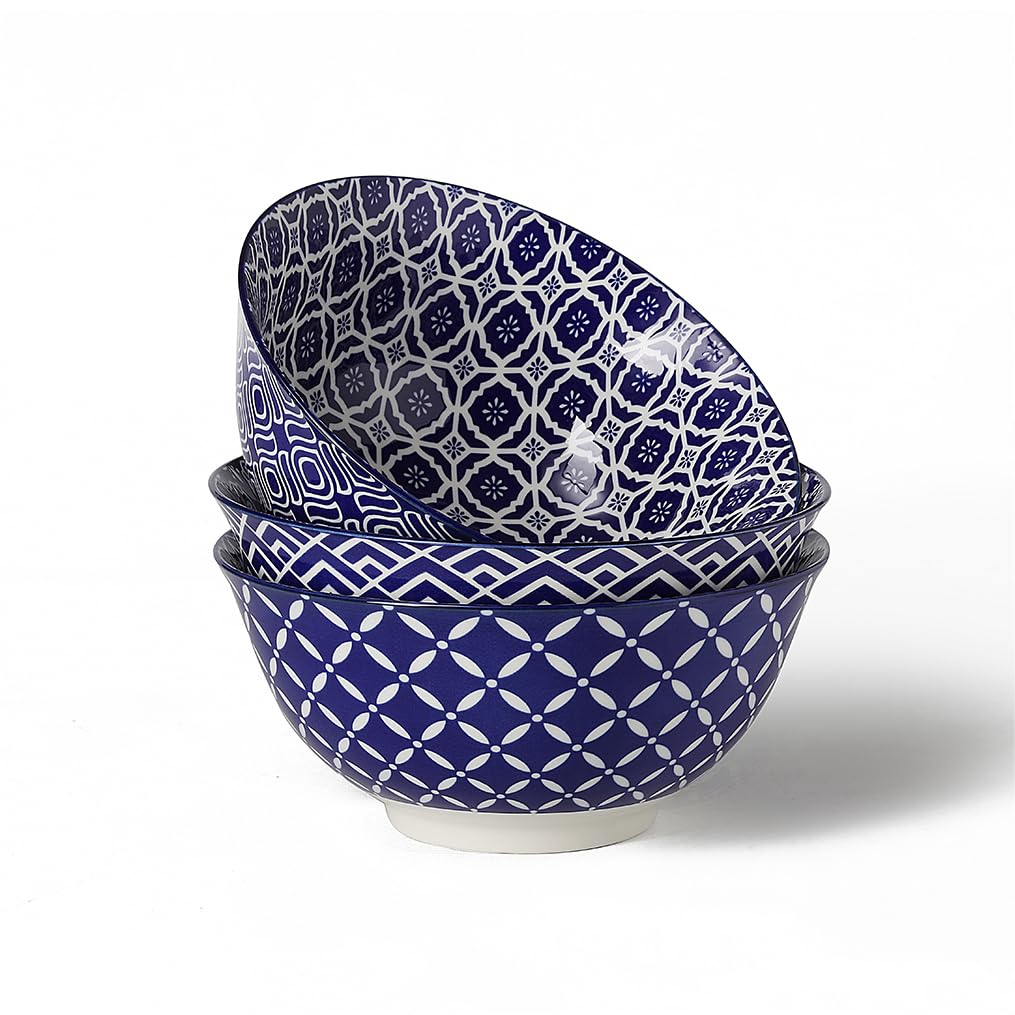 Metahom Large Salad Bowls, 48 Oz Serving Bowls For Soup, Pho, Pasta, Blue And White Ceramic Bowls For Kitchen, Set Of 3, Microwa