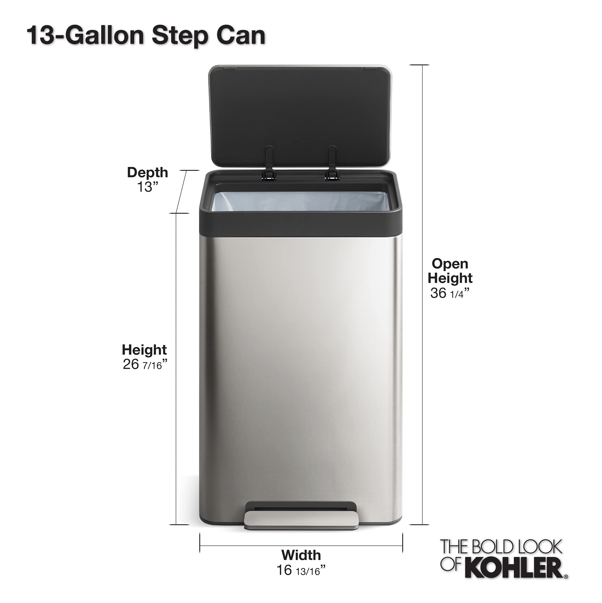 Kohler 20940-St 13 Gallon Kitchen Step Trash Can With Foot Pedal, Soft Close Lid, Stainless Steel