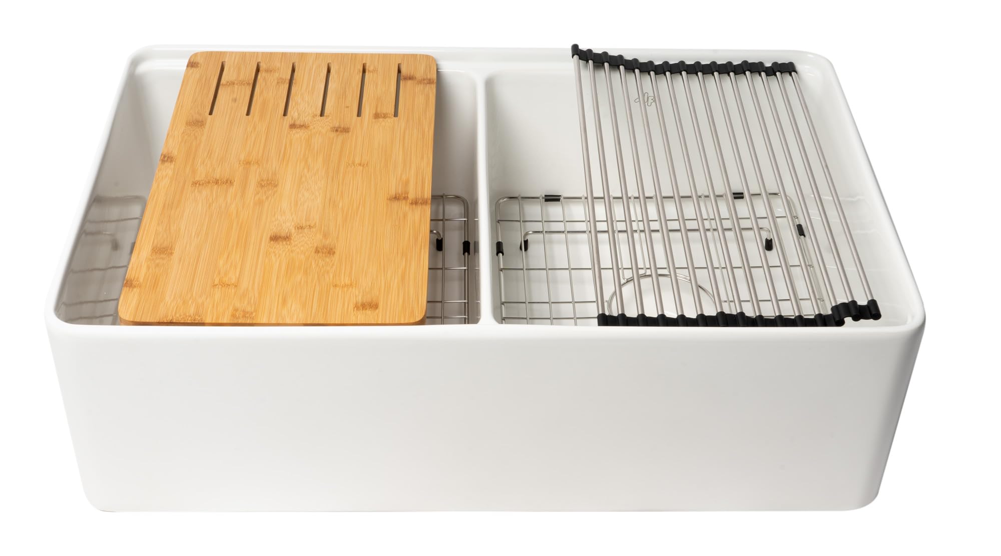 Alfi Brand Abfs3320D-W White 33'' X 20'' Workstation Double Bowl Step Rim Fireclay Farm Sink With Accessories