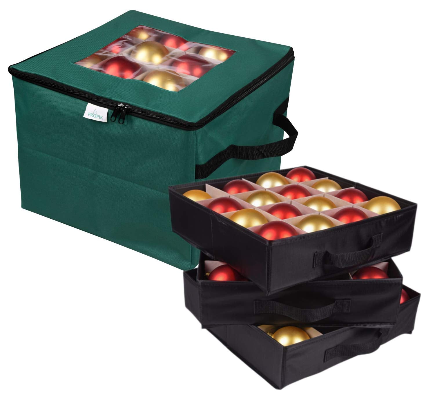 ProPik Christmas Ornament Storage Box, Organizer Holds Up to 48 Xmas Balls with 3 Separate Removable Trays, Container has Divide
