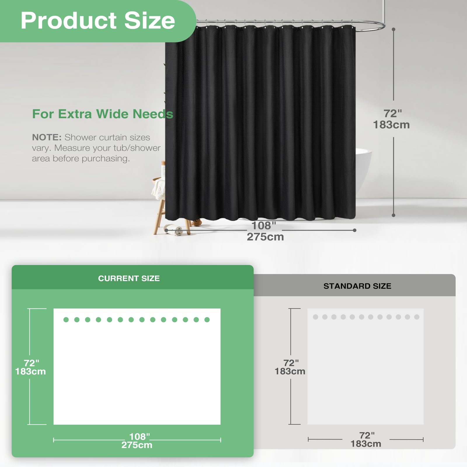Dynamene Extra Wide Shower Curtain-108 Inch Wide Waffle Weave Weighted Thick Cloth Bathroom Shower Curtain  Neutral Heavy Duty Hotel Bath Curtain Set with 18 Plastic Hooks 108x72 Black