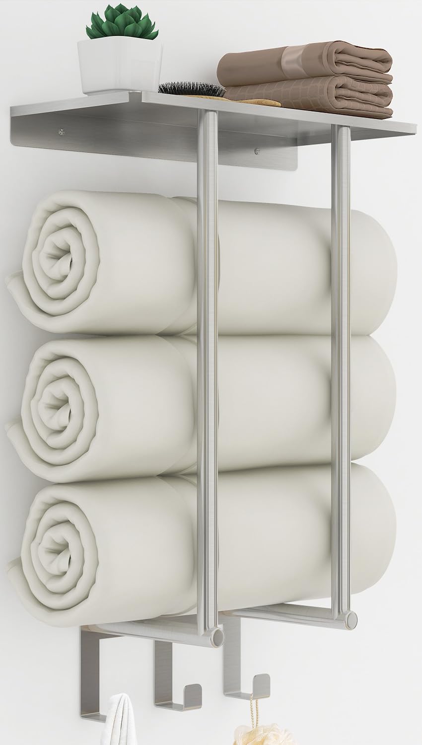 Towel Racks For Bathroom Wall Mounted, Bethom Towel Rack With Shelf & 3 Hooks, Brushed Nickel Towel Storage Holder Wall For Larg